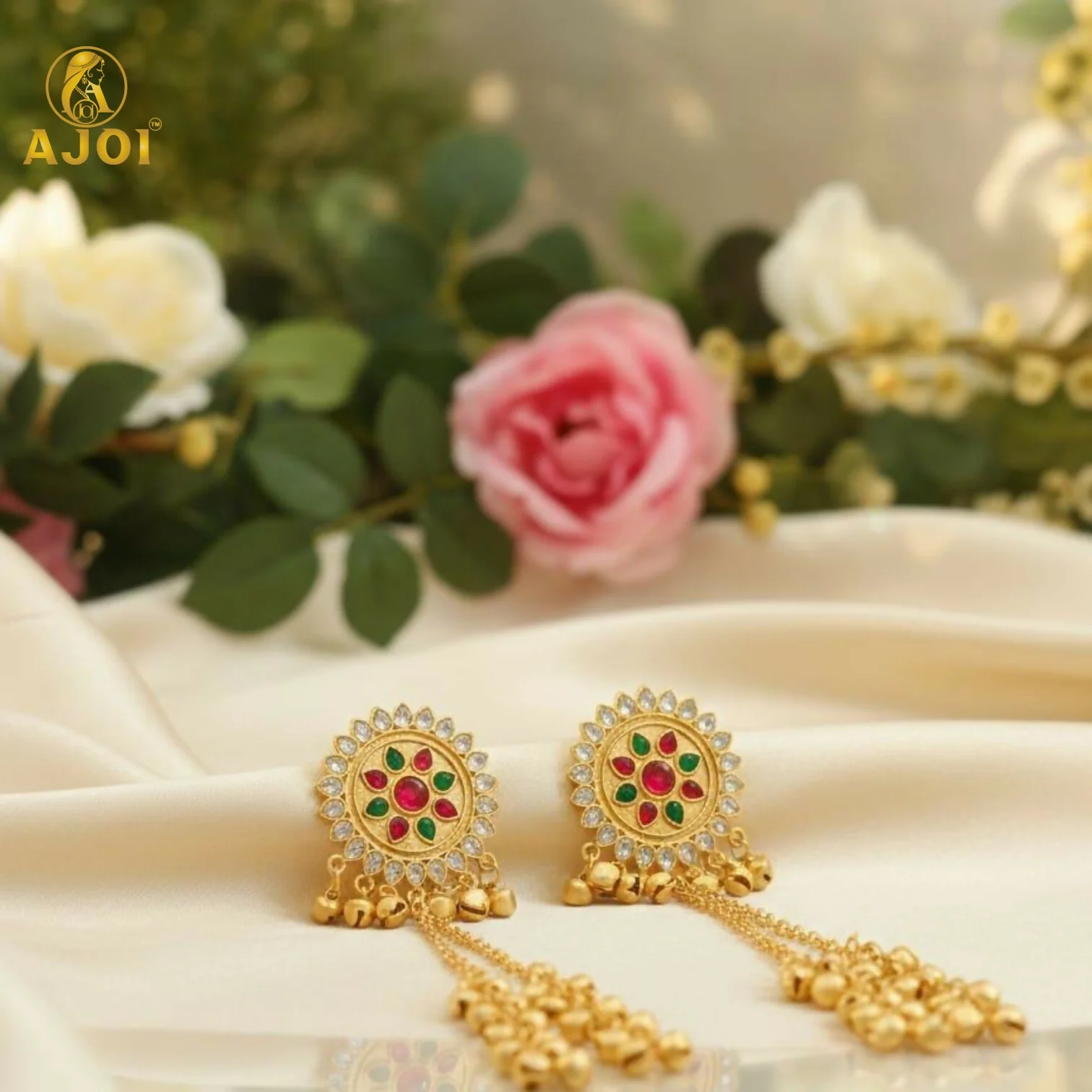 Royal Kashmiri Jhumka Drop Earrings with Kundan & Pearl Tassels–Luxury Earrings - Image 4