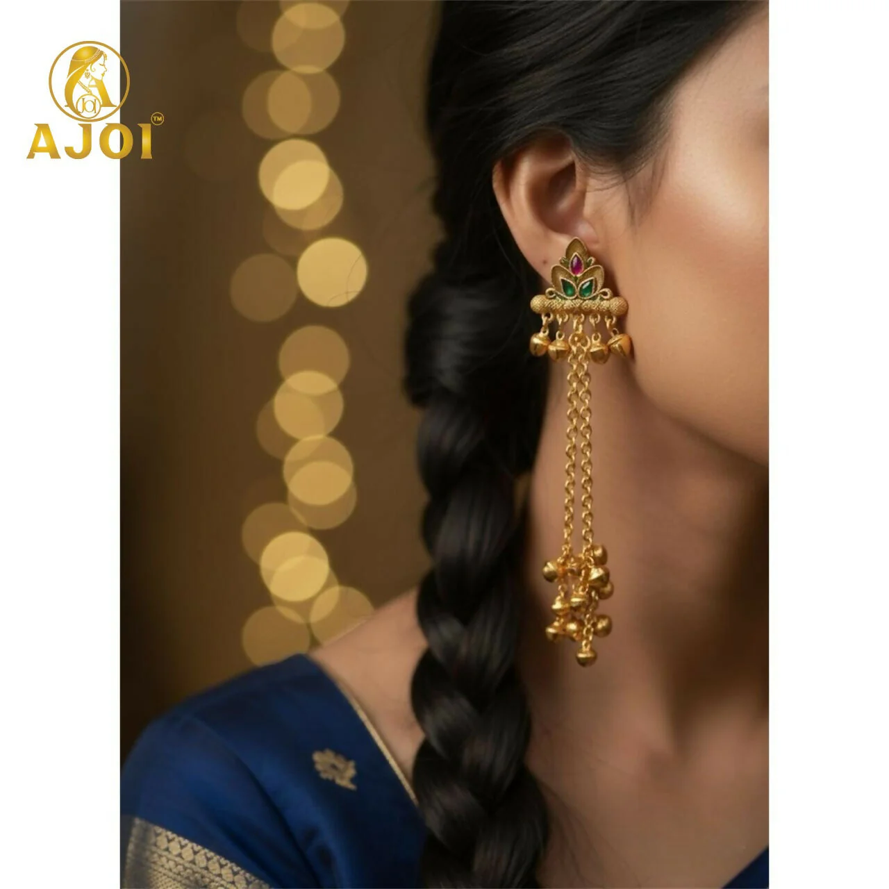 Royal Kashmiri Long Chain Ghungroo Drop Earrings. - Image 4
