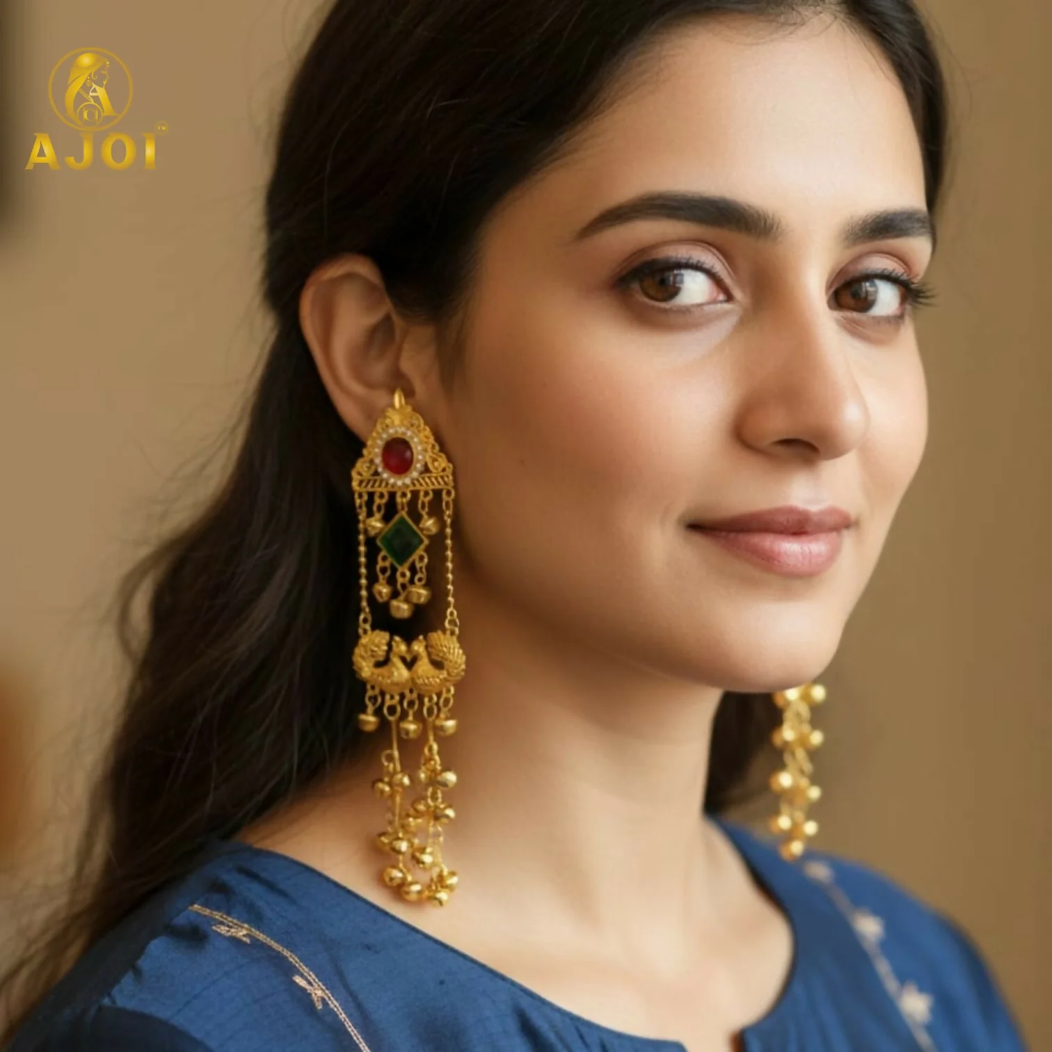 Royal Kashmiri Peacock Jhumka Earrings with Red & Green Stone - Image 2