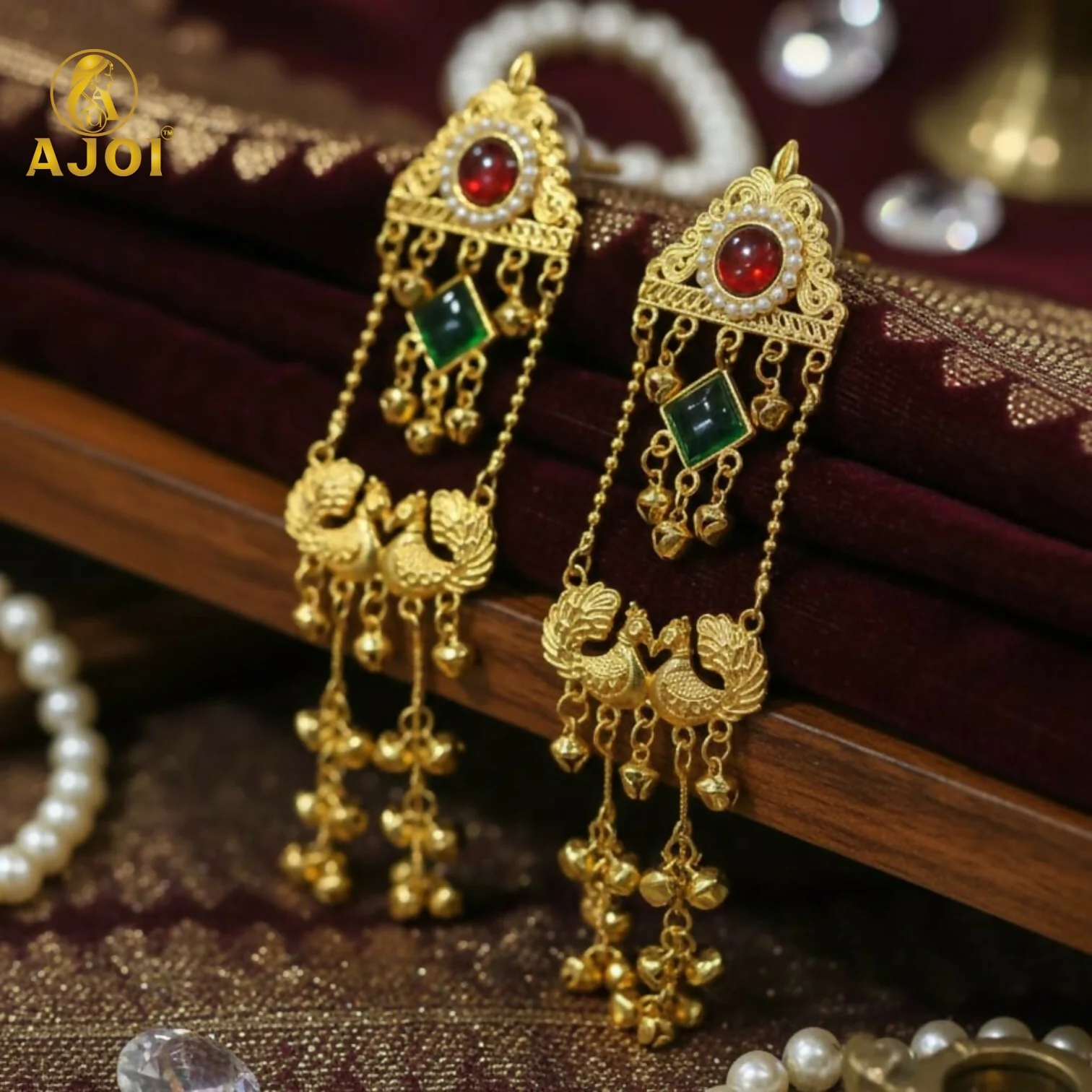 Royal Kashmiri Peacock Jhumka Earrings with Red & Green Stone - Image 3