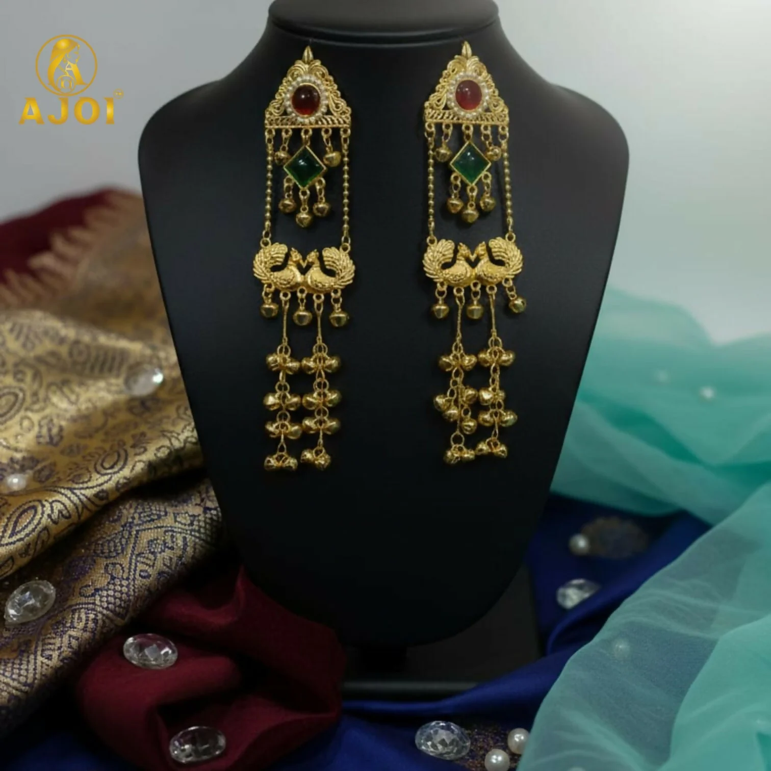 Royal Kashmiri Peacock Jhumka Earrings with Red & Green Stone - Image 4