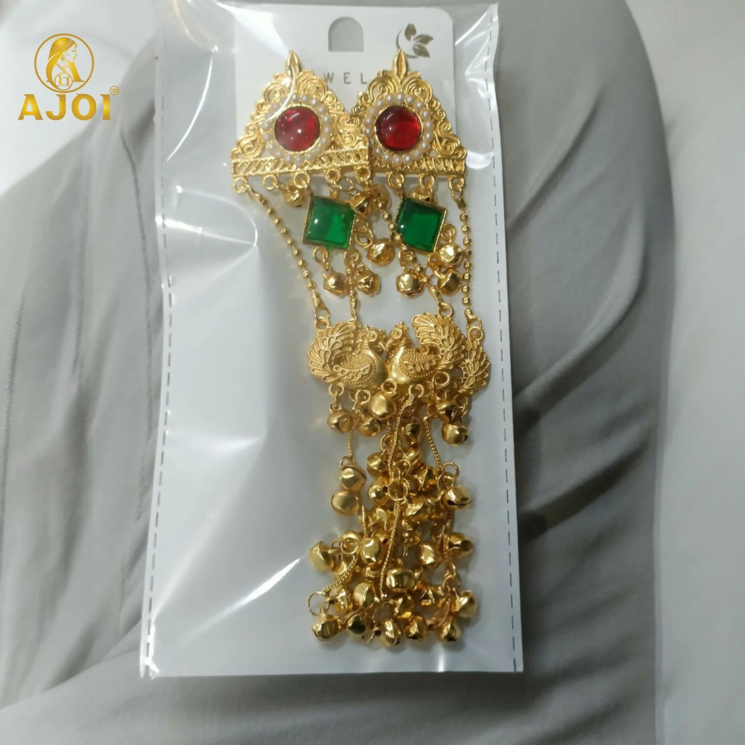 Royal Kashmiri Peacock Jhumka Earrings with Red & Green Stone - Image 5
