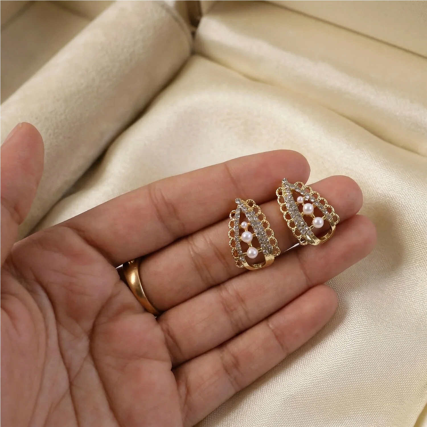 Royal Korean Crystal Arch & Triple Pearl Stud Earrings For Women And Girls - Image 2