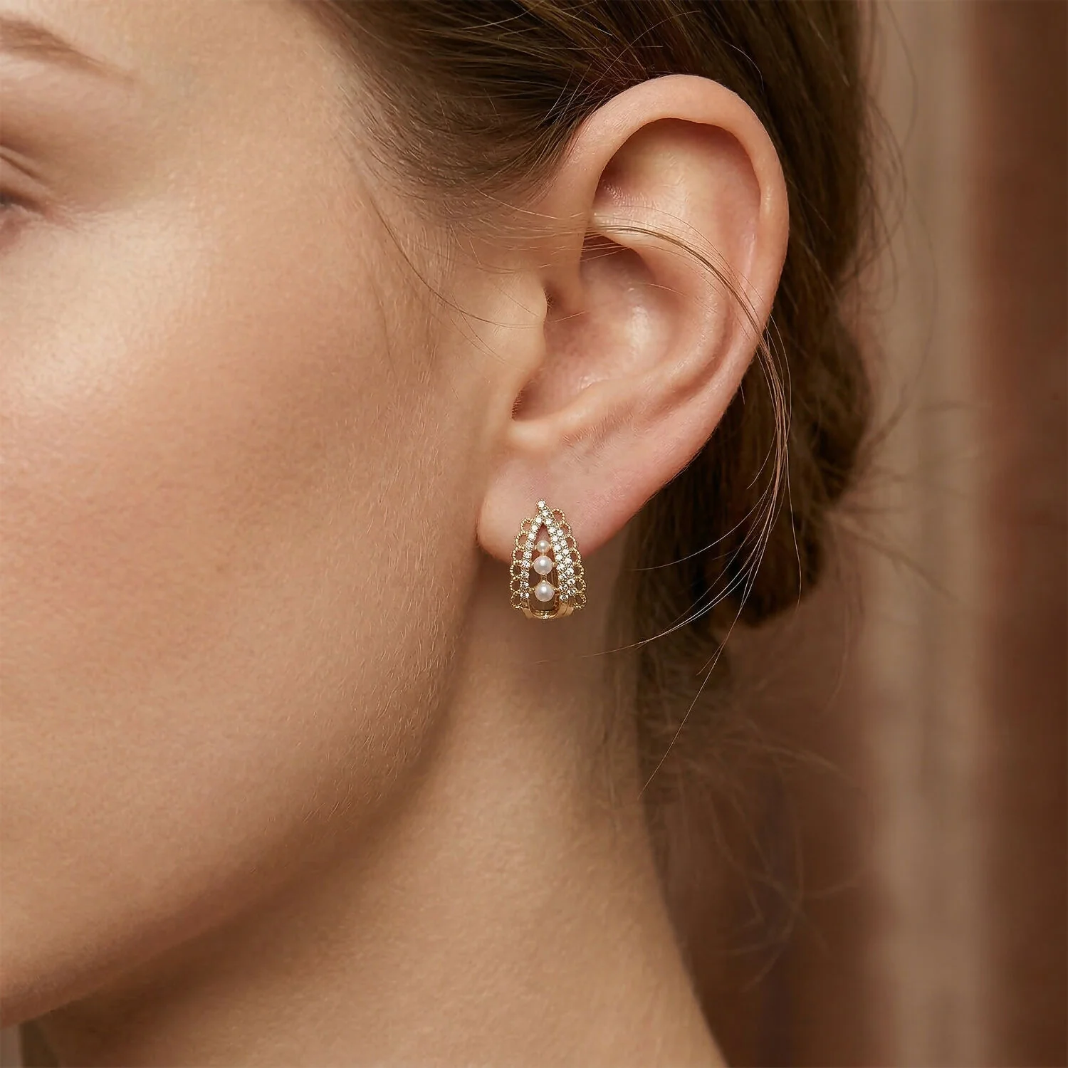 Royal Korean Crystal Arch & Triple Pearl Stud Earrings For Women And Girls - Image 3