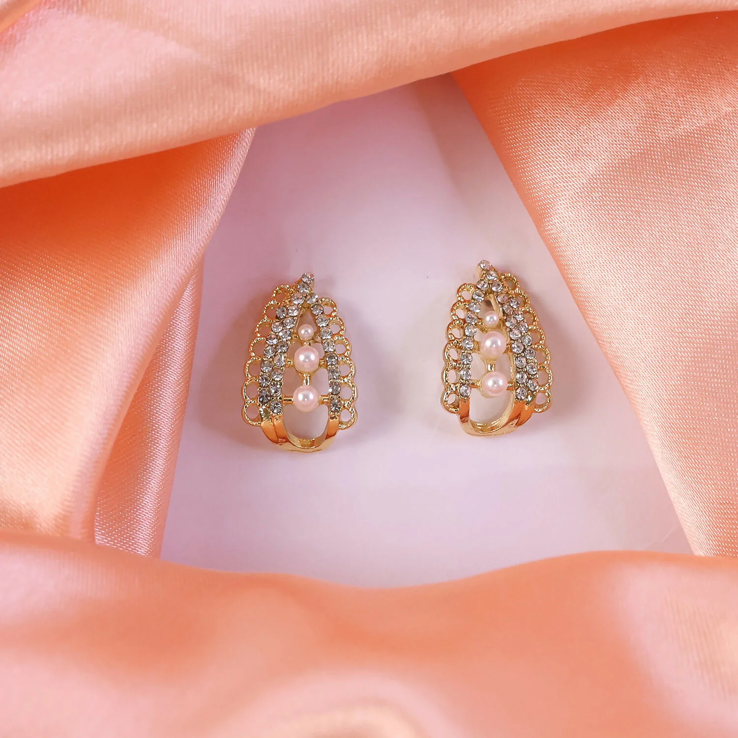 Royal Korean Crystal Arch & Triple Pearl Stud Earrings For Women And Girls - Image 4