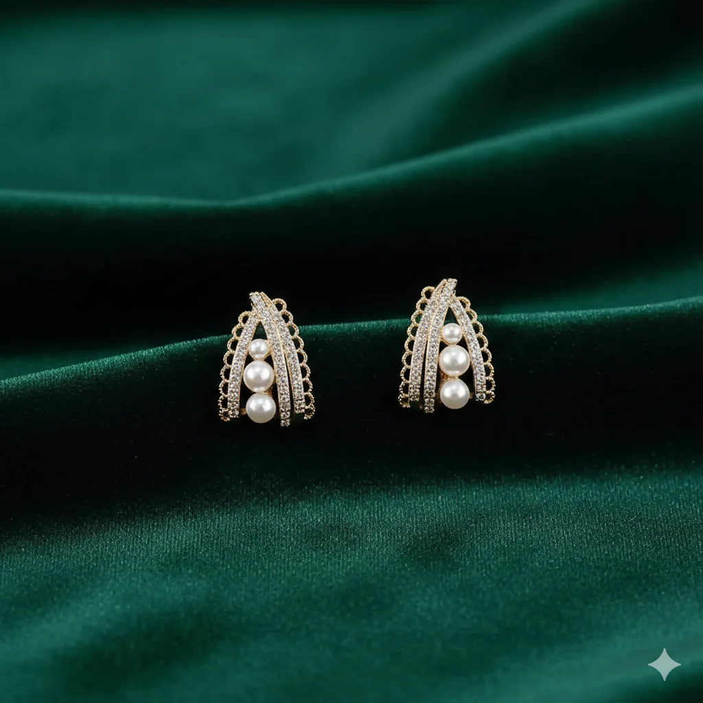 Royal Korean Crystal Arch & Triple Pearl Stud Earrings For Women And Girls - Image 6