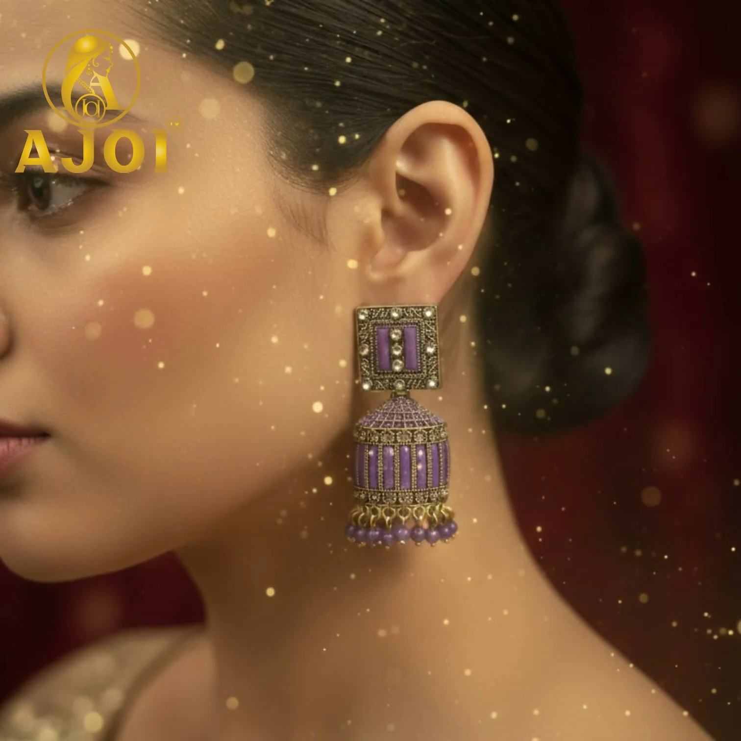 Royal Lavender Purple Designer Earrings with Elegant Drop and Beaded Accents - Image 2