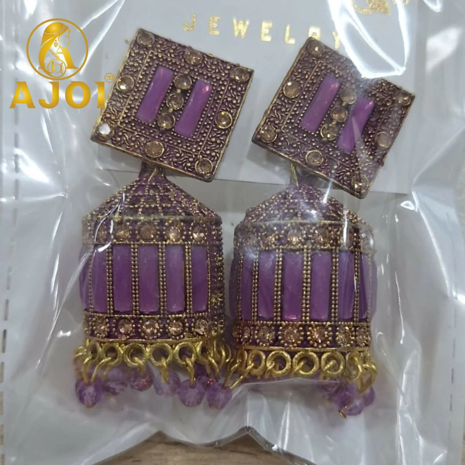 Royal Lavender Purple Designer Earrings with Elegant Drop and Beaded Accents - Image 5