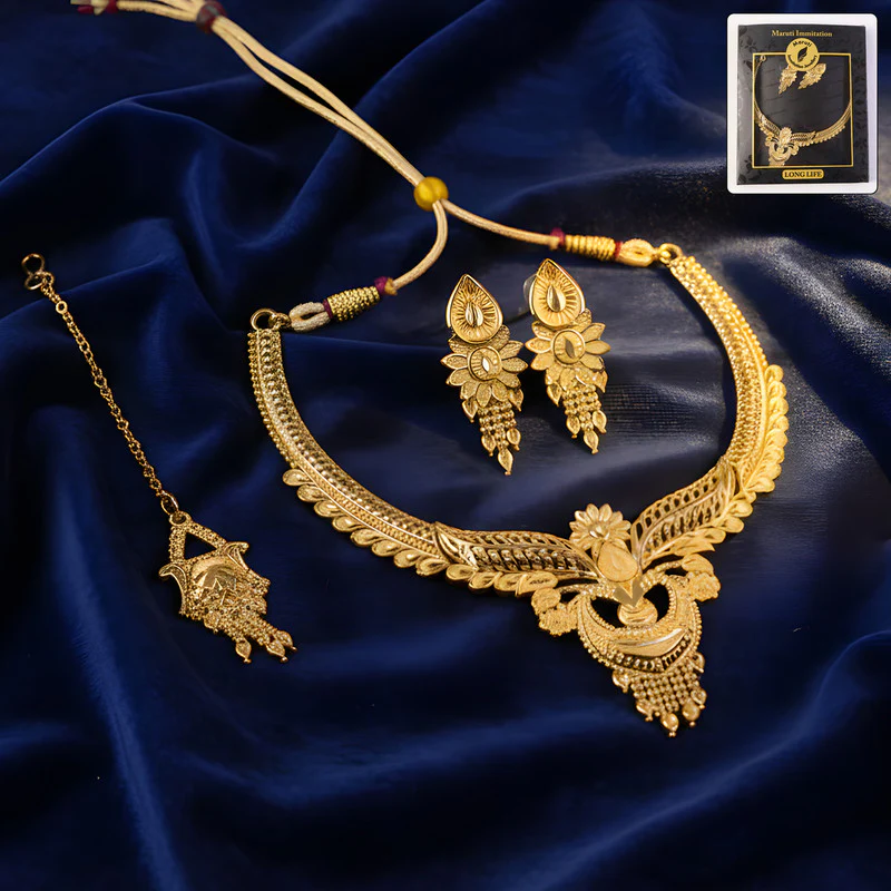 Royal Leaf Crest Choker Necklace Set – Traditional Jewellery for Weddings & Festivals