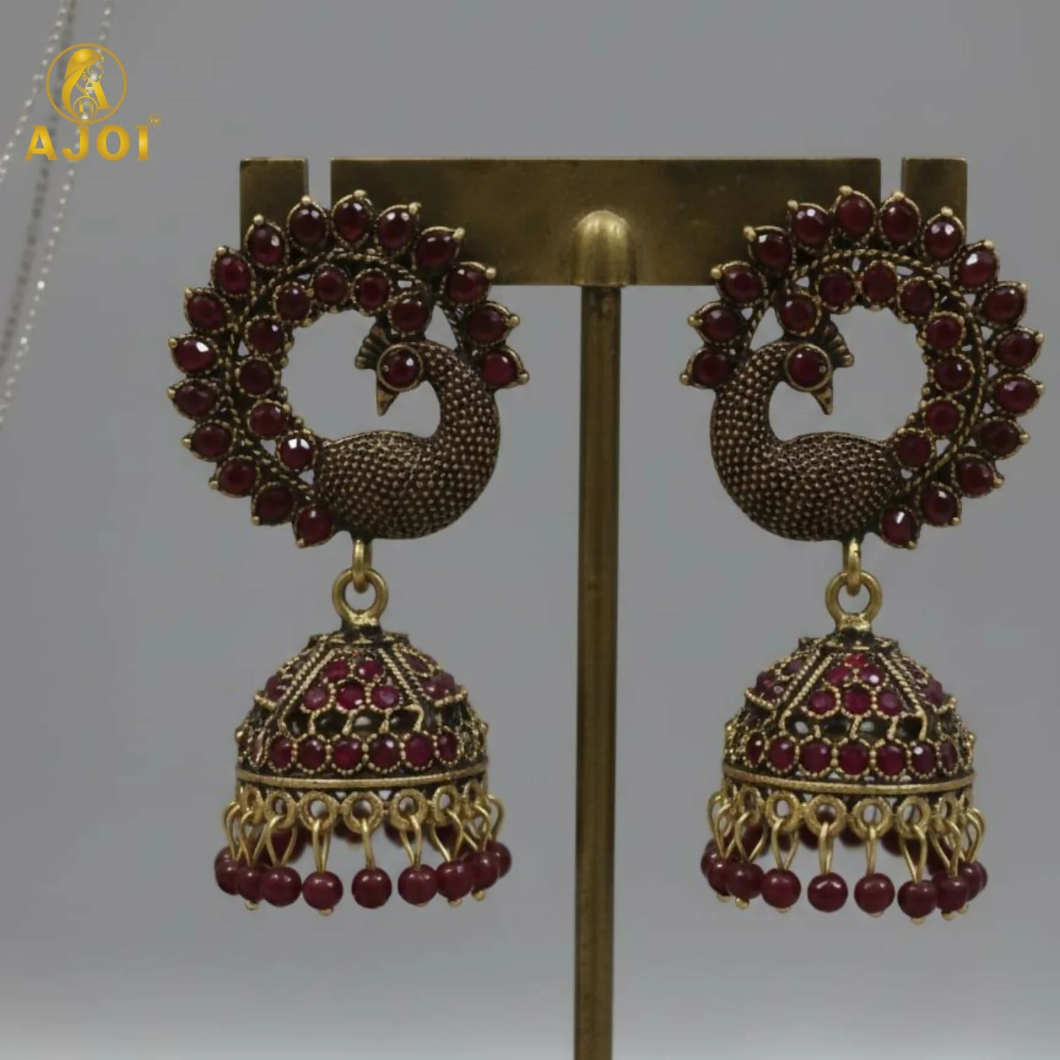 Royal Maroon Peacock Jhumka Earrings – Antique Gold Finish - Image 3