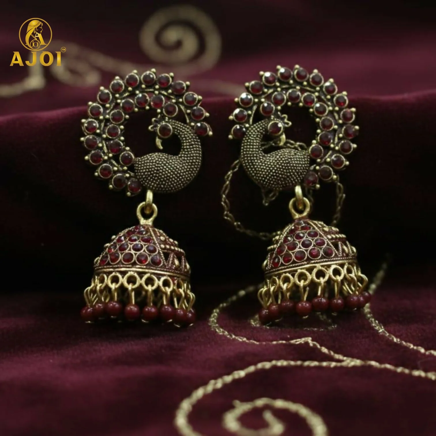 Royal Maroon Peacock Jhumka Earrings – Antique Gold Finish - Image 4
