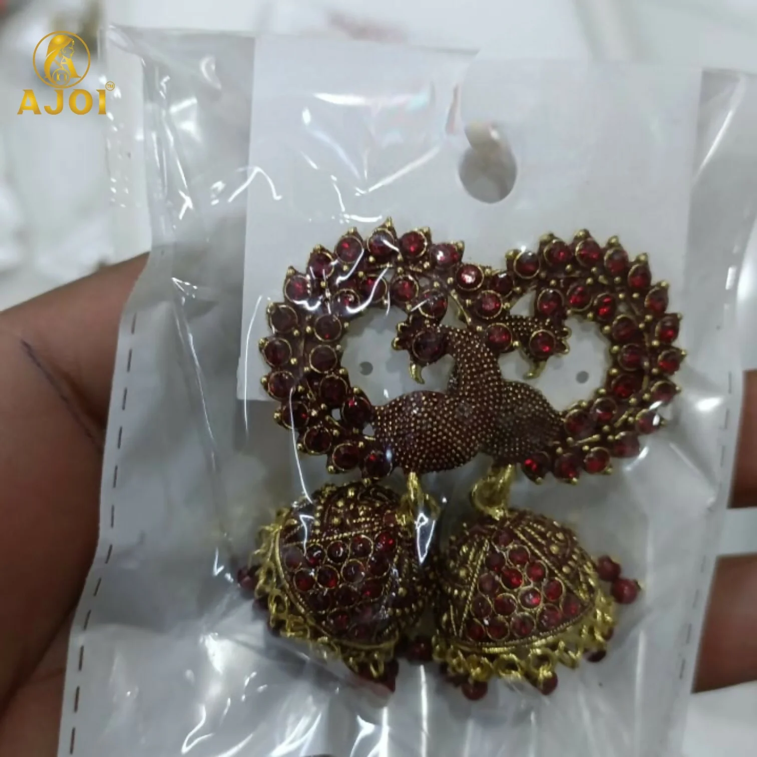 Royal Maroon Peacock Jhumka Earrings – Antique Gold Finish - Image 5