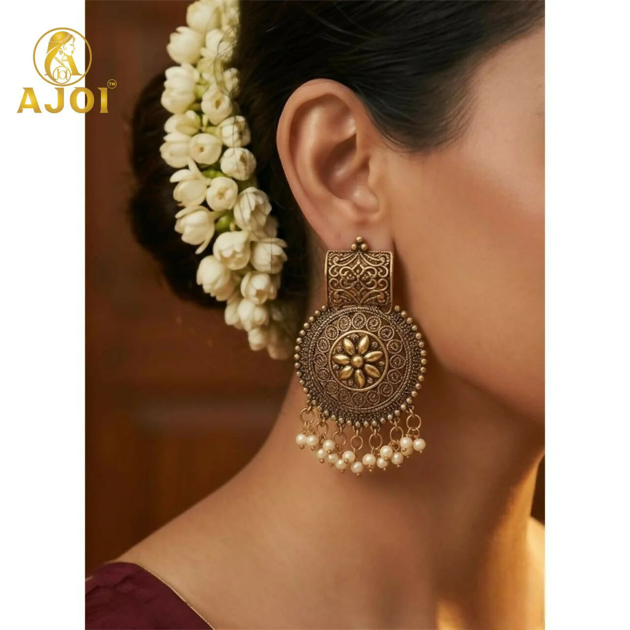 Royal Marwadi Traditional Sun-Motif Earrings with Pearl Jhalar. - Image 2