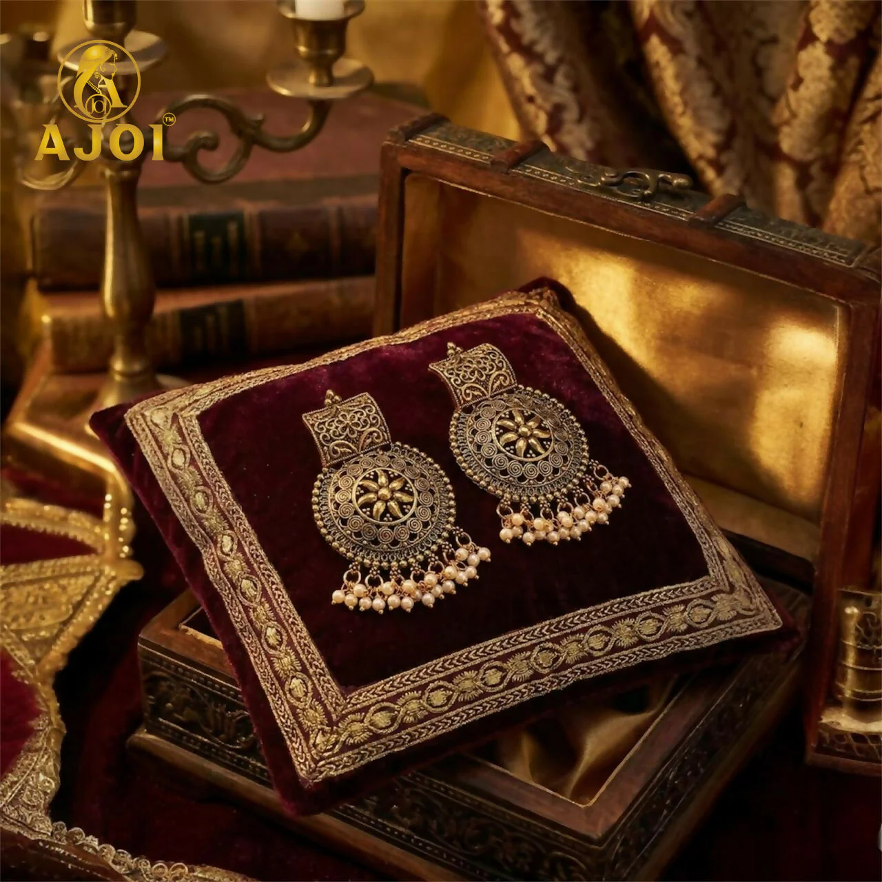 Royal Marwadi Traditional Sun-Motif Earrings with Pearl Jhalar. - Image 5