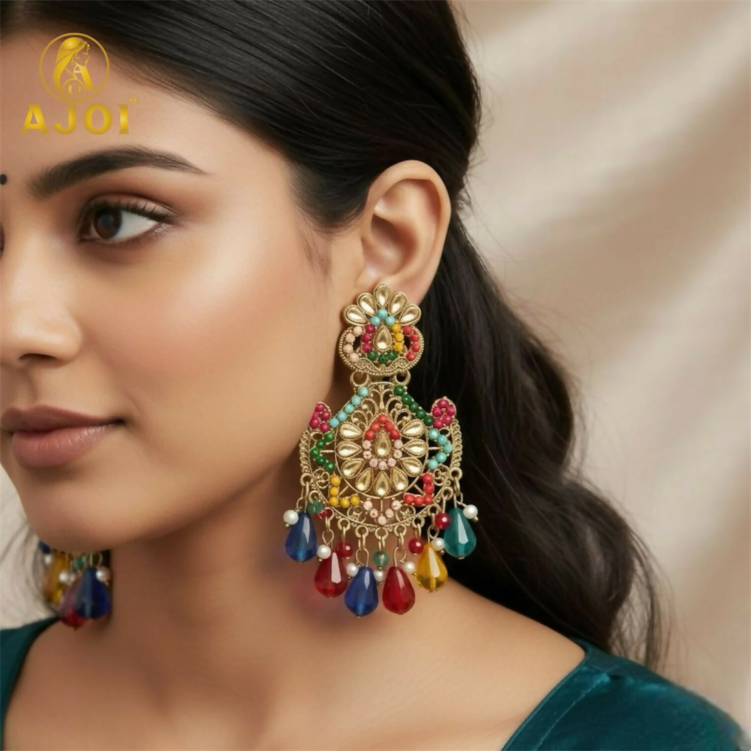 Royal Multicolor Kundan Chandbali Earrings. - Image 2