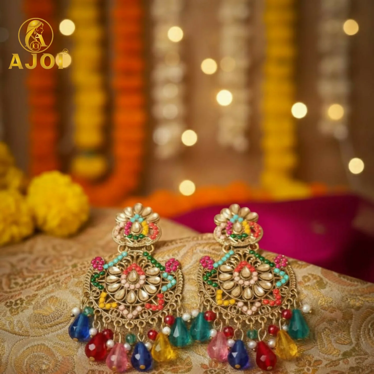 Royal Multicolor Kundan Chandbali Earrings. - Image 3