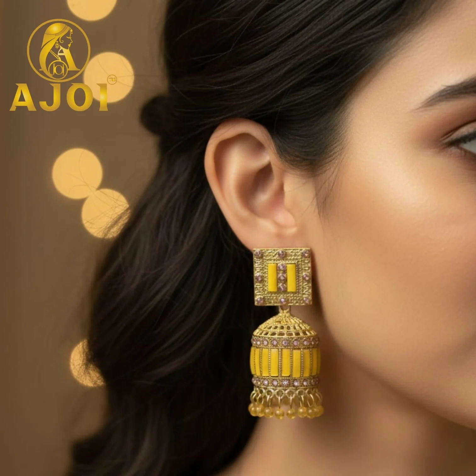 Royal Mustard Yellow Designer Earrings with Elegant Drop and Stone Detailing - Image 2