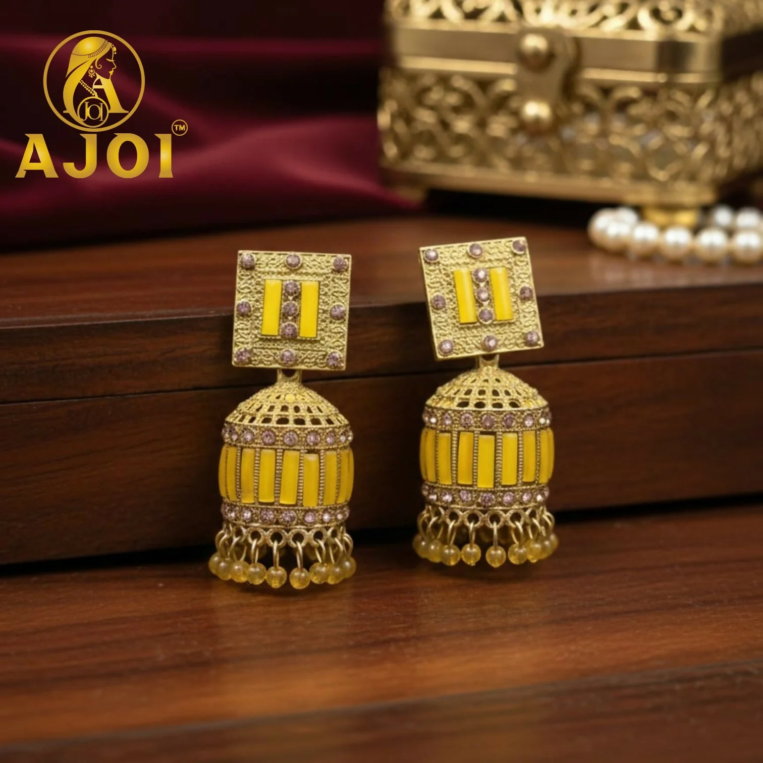 Royal Mustard Yellow Designer Earrings with Elegant Drop and Stone Detailing - Image 3