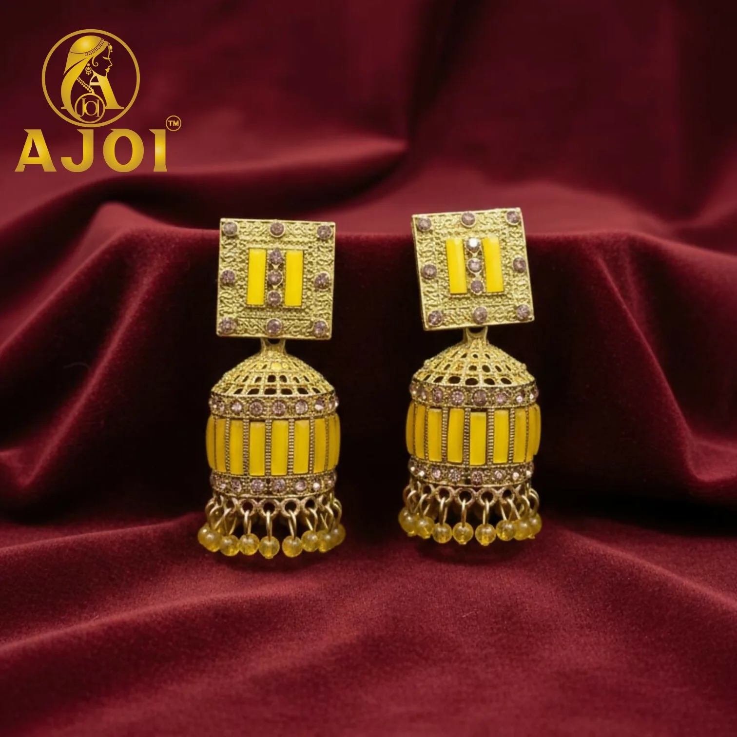 Royal Mustard Yellow Designer Earrings with Elegant Drop and Stone Detailing - Image 4