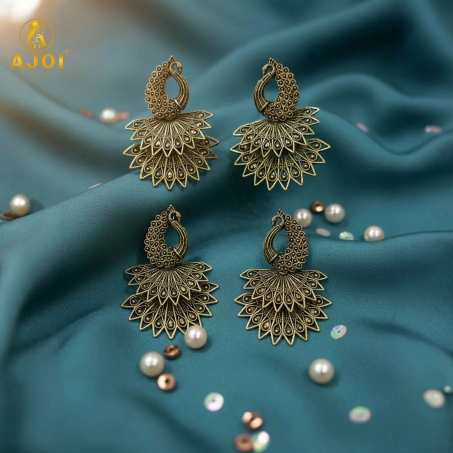 Royal Peacock Antique Gold Earrings Combo – 2 Pairs - Image 3