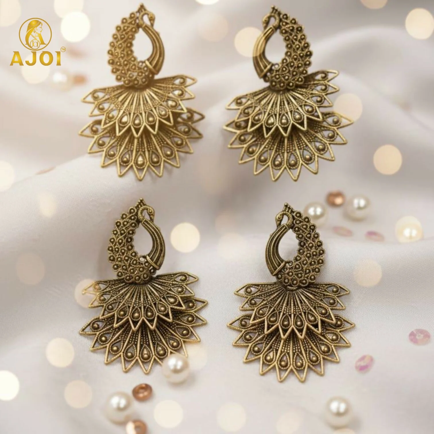 Royal Peacock Antique Gold Earrings Combo – 2 Pairs - Image 4