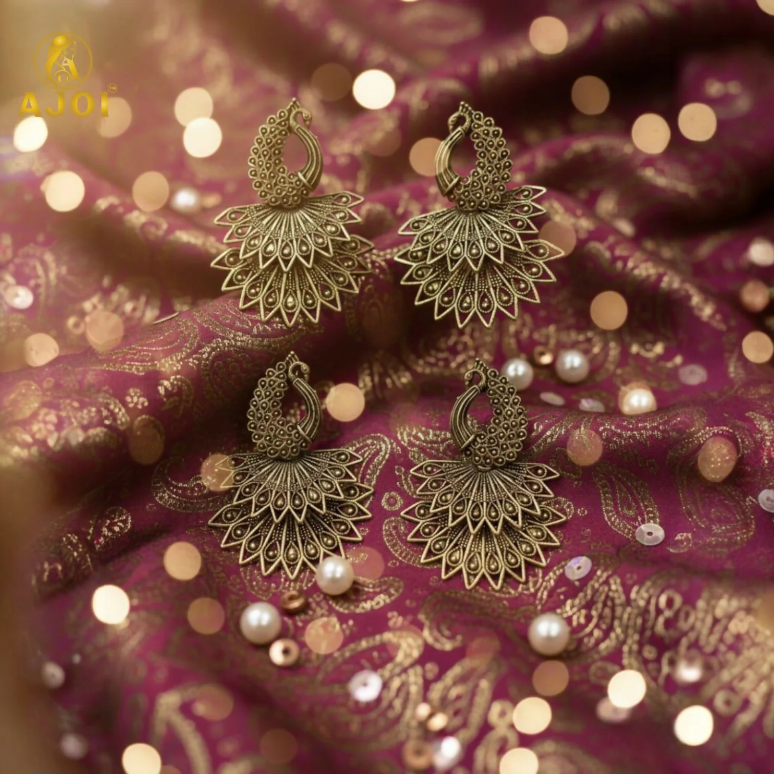 Royal Peacock Antique Gold Earrings Combo – 2 Pairs - Image 5