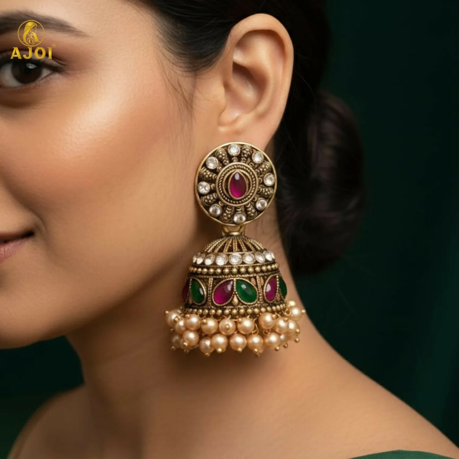 Royal Pearl Drop Antique Gold Jhumka Earrings with Green & Pink Stone Work - Image 2