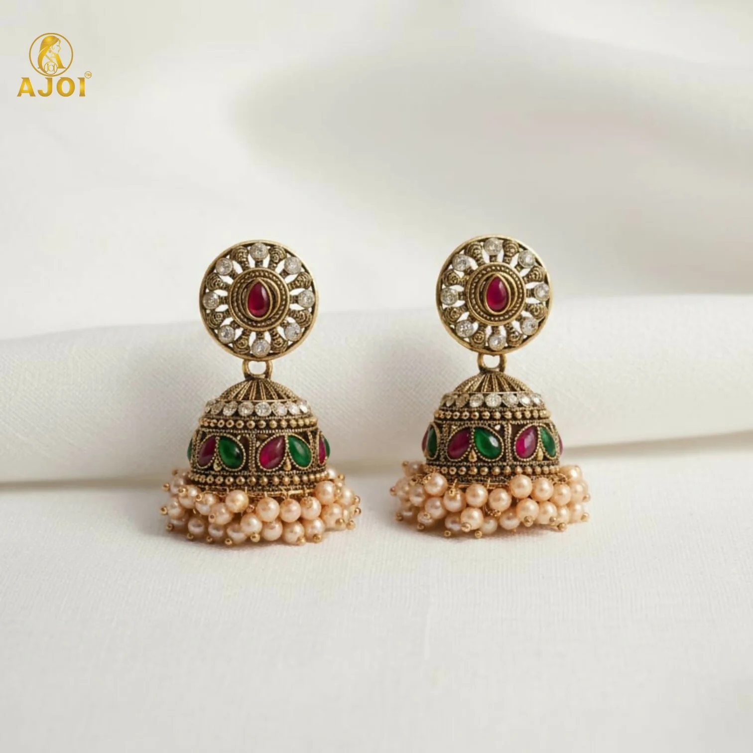 Royal Pearl Drop Antique Gold Jhumka Earrings with Green & Pink Stone Work - Image 3