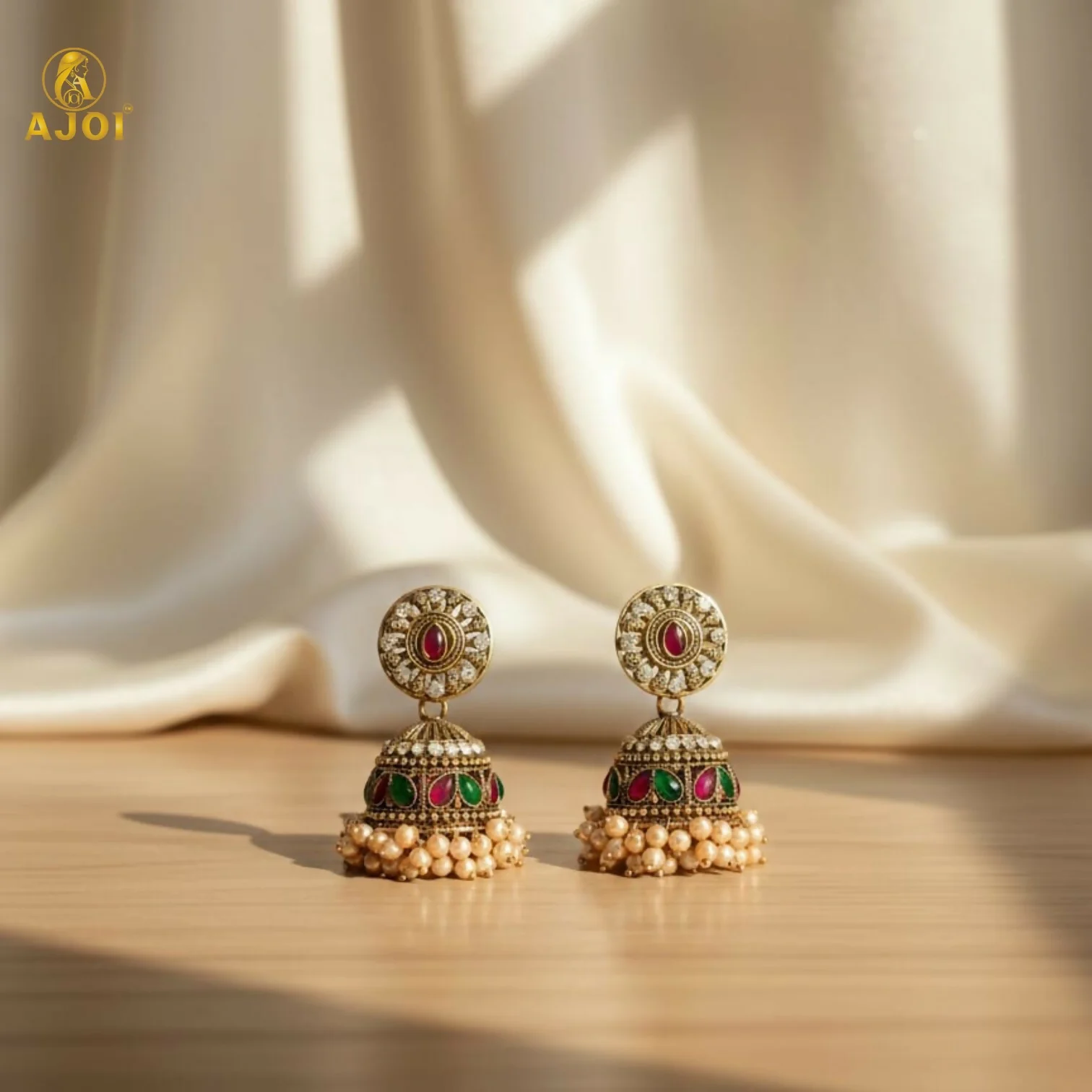 Royal Pearl Drop Antique Gold Jhumka Earrings with Green & Pink Stone Work - Image 4
