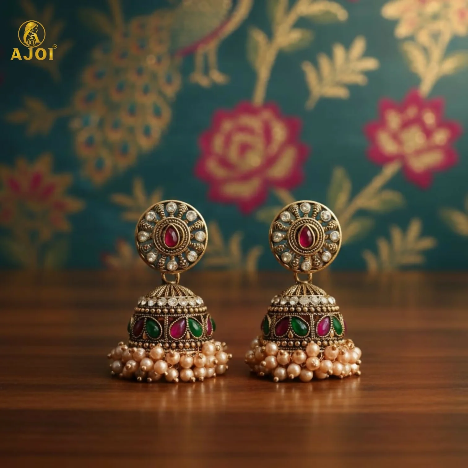 Royal Pearl Drop Antique Gold Jhumka Earrings with Green & Pink Stone Work - Image 5