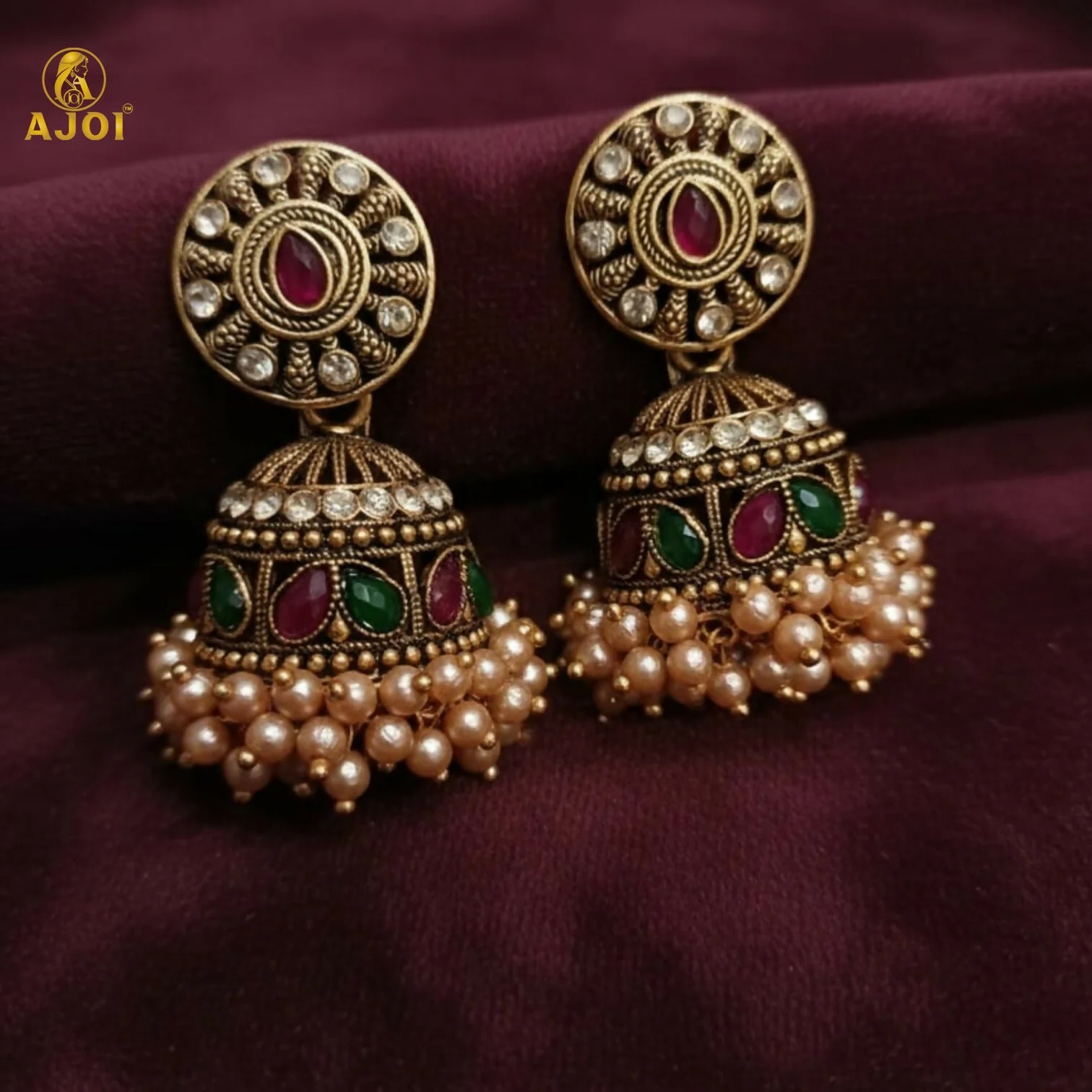 Royal Pearl Drop Antique Gold Jhumka Earrings with Green & Pink Stone Work - Image 6