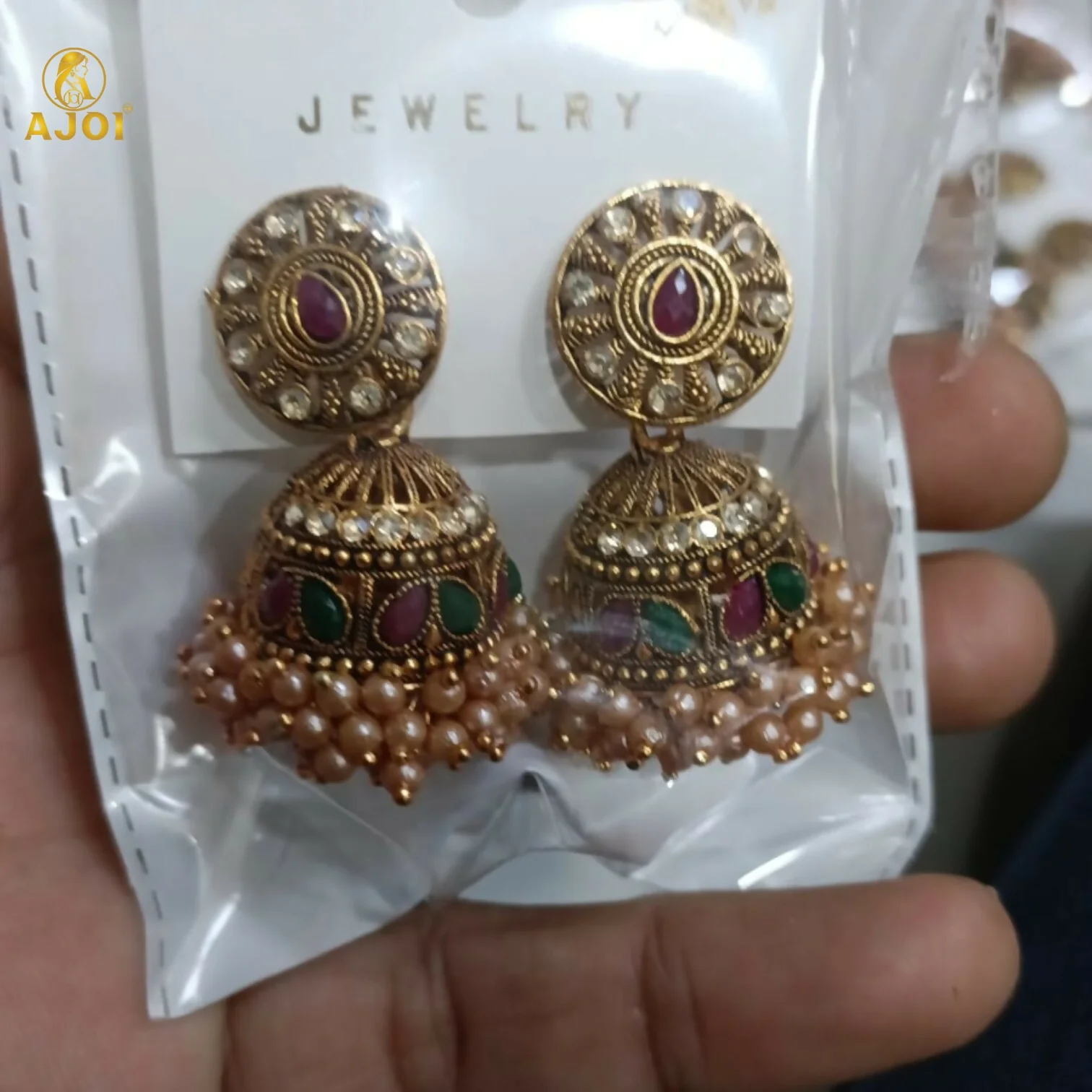 Royal Pearl Drop Antique Gold Jhumka Earrings with Green & Pink Stone Work - Image 7