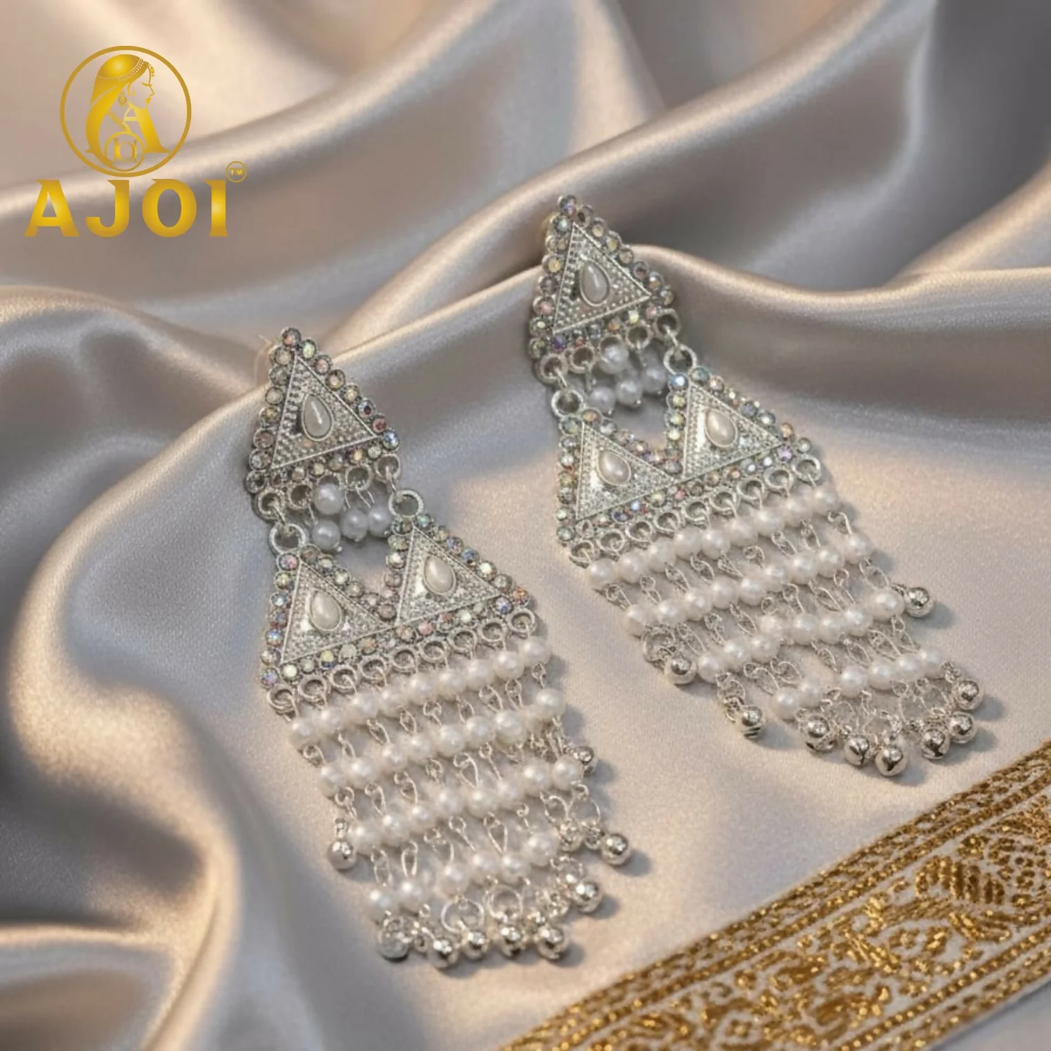 Royal Pearl Drop Silver Designer Earrings with Elegant Dangling Tassels - Image 3