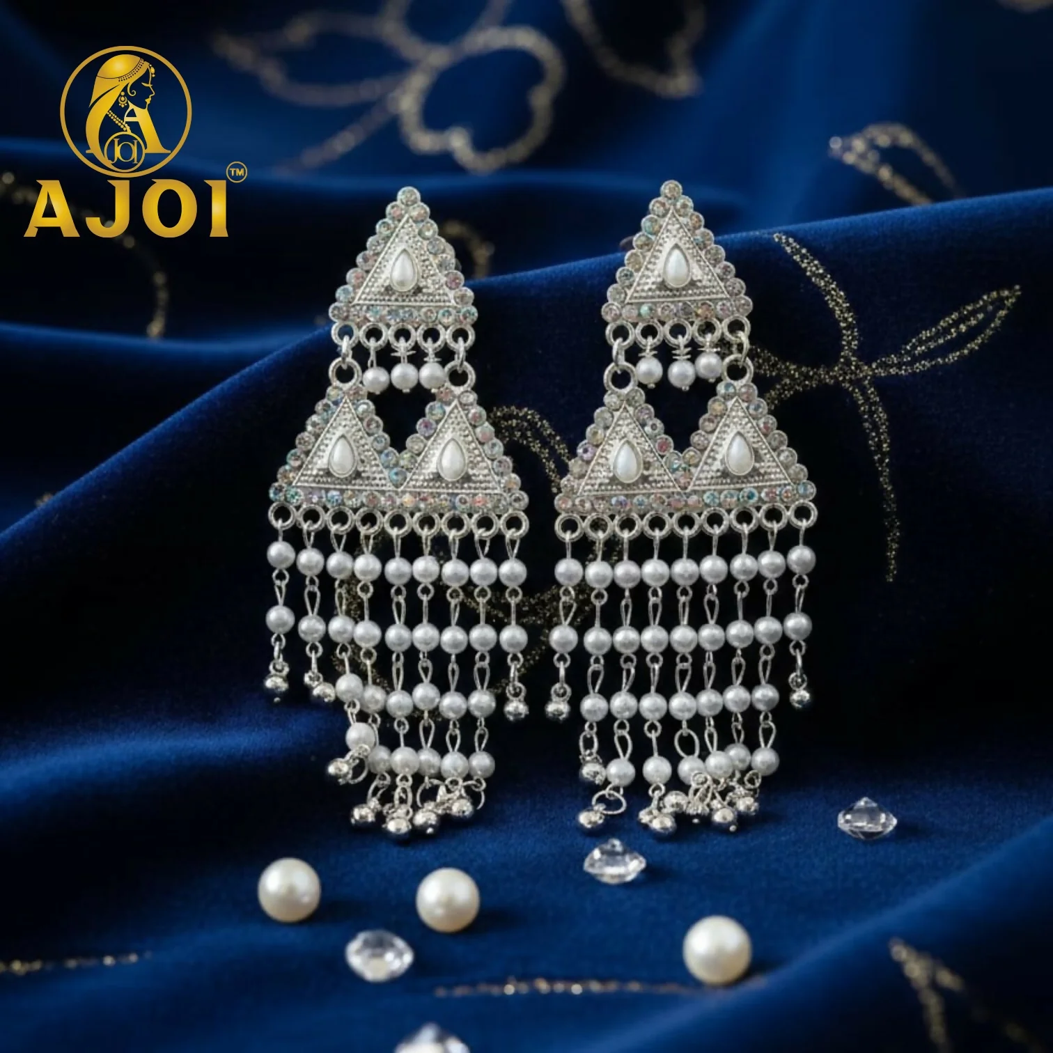 Royal Pearl Drop Silver Designer Earrings with Elegant Dangling Tassels - Image 4