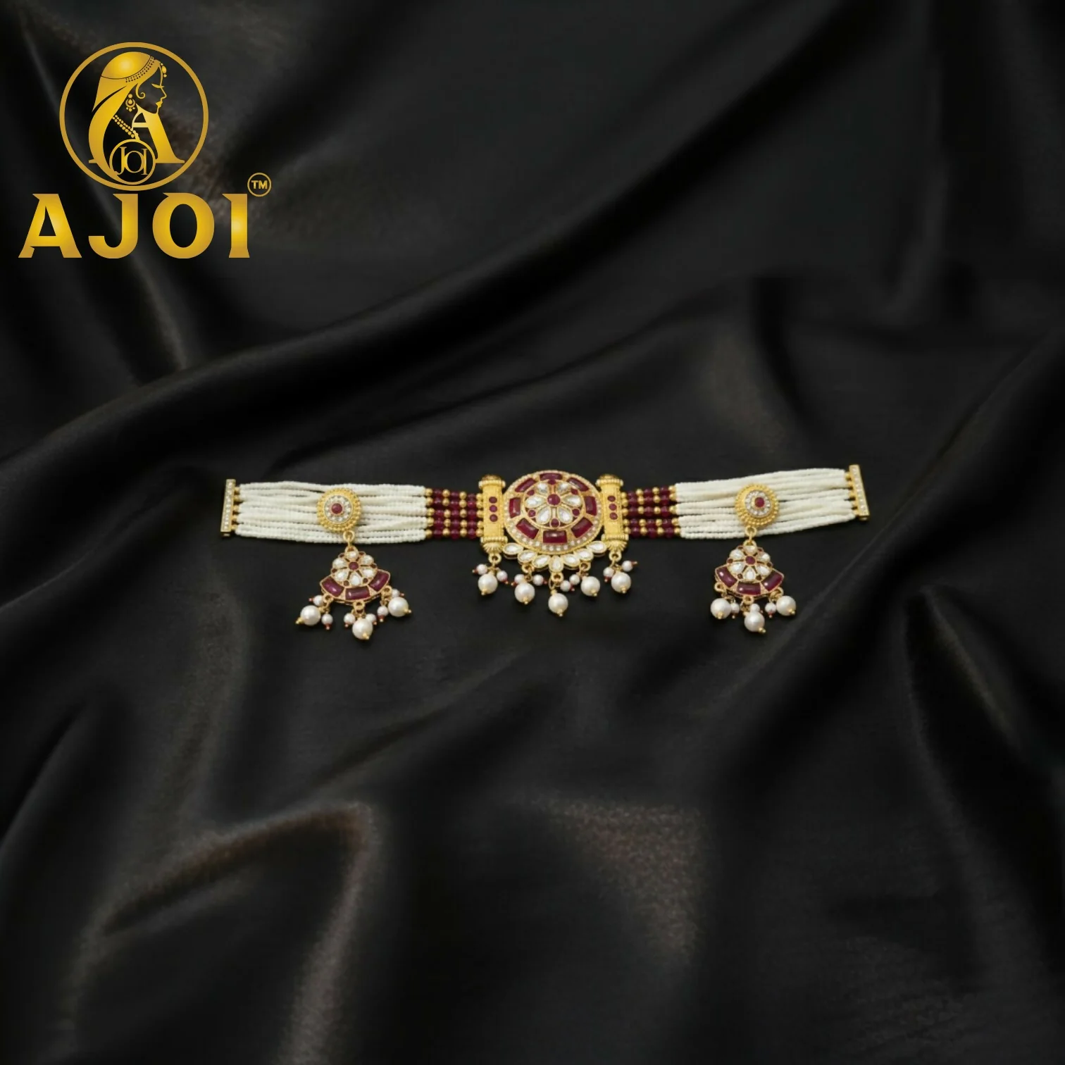 Royal Pearl Kundan Red Choker Set - Image 3