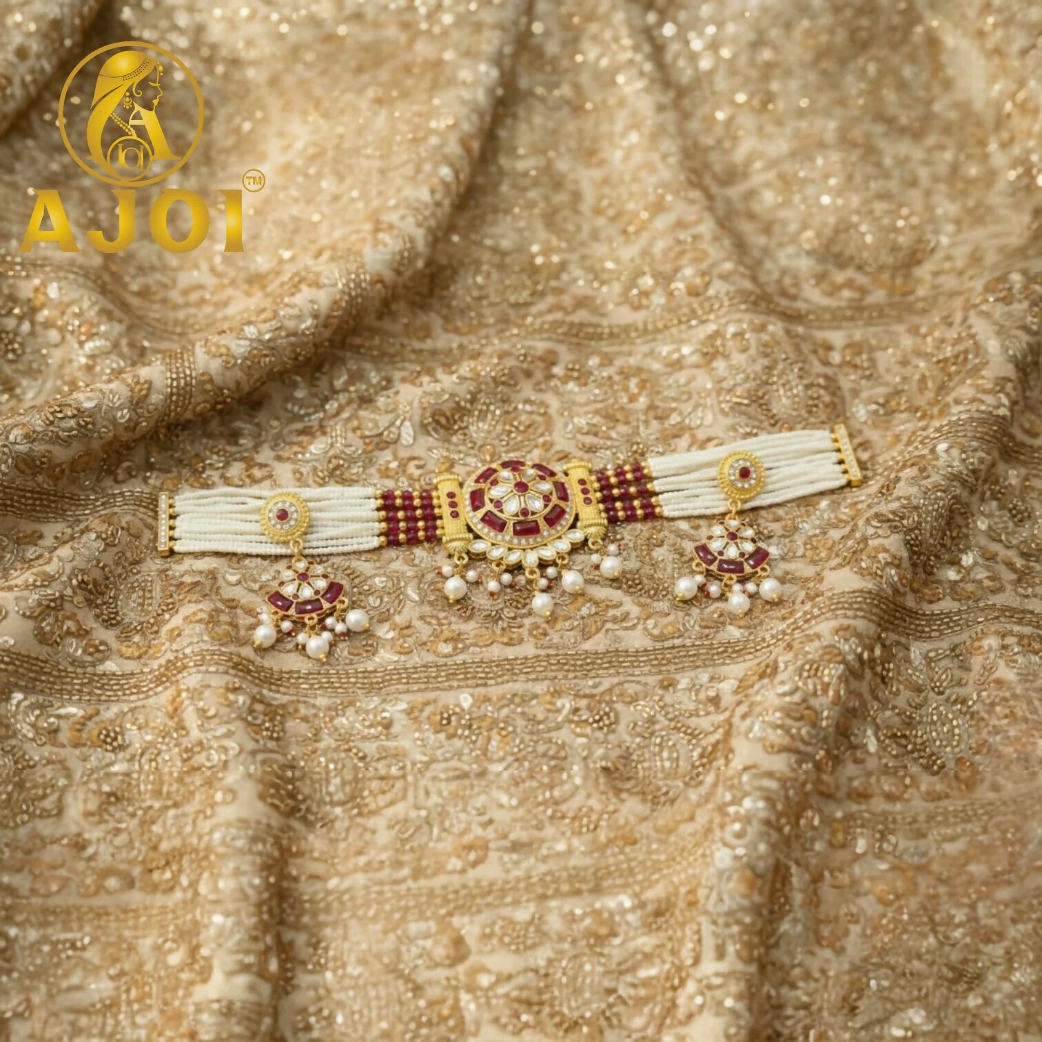 Royal Pearl Kundan Red Choker Set - Image 4