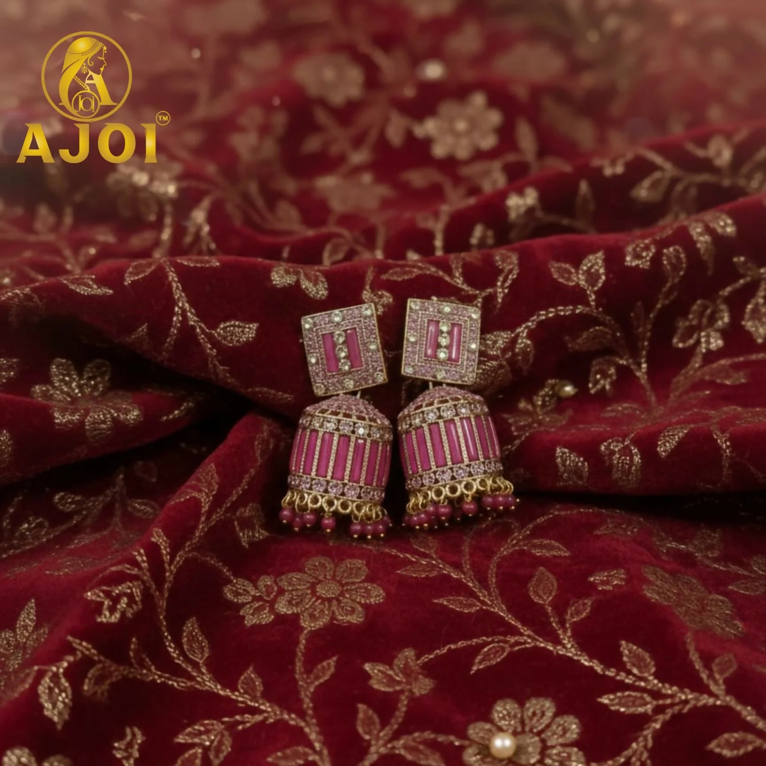Royal Rose Pink Designer Earrings with Elegant Drop and Stone Embellishment - Image 3