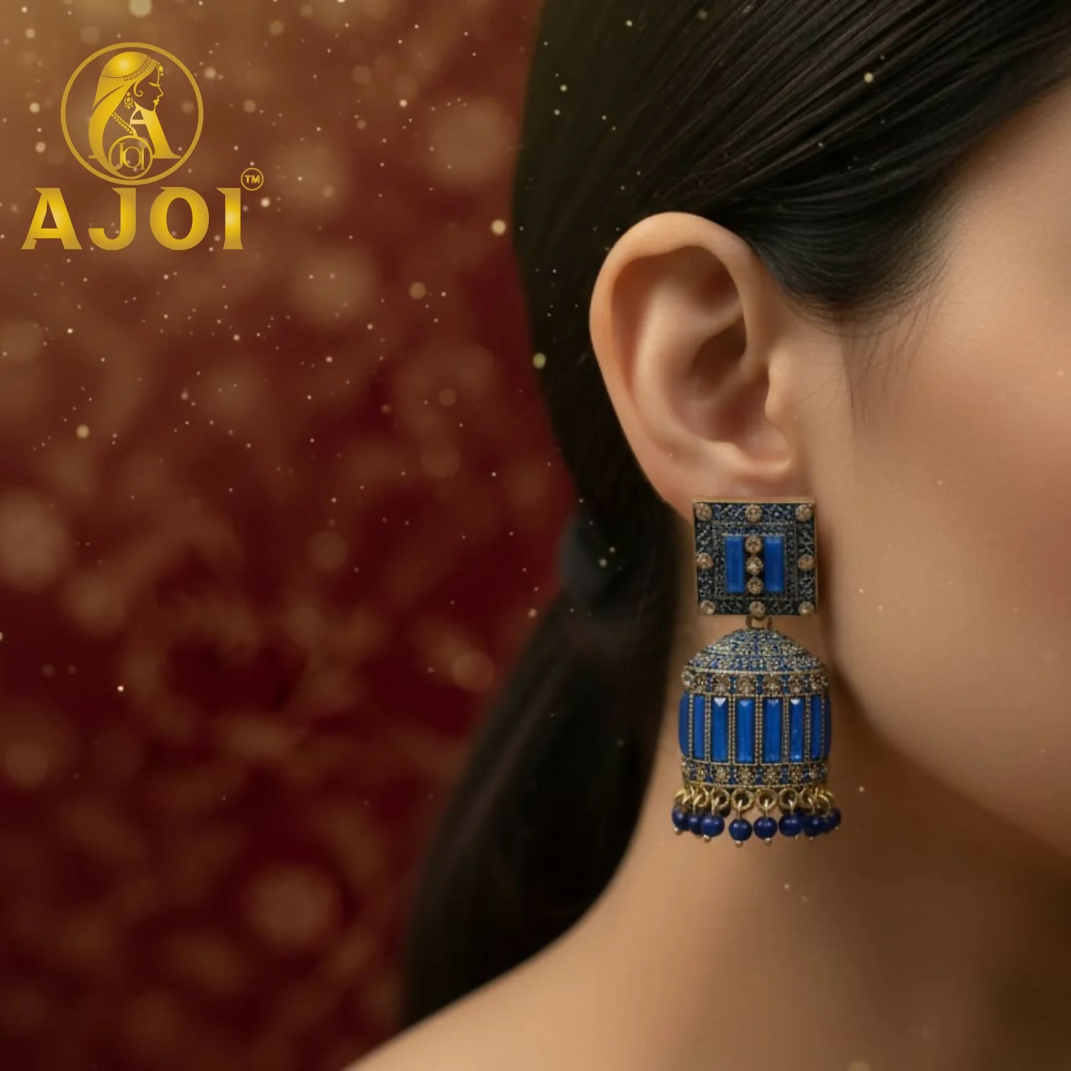 Royal Sapphire Blue Designer Earrings with Elegant Drop and Stone Detailing - Image 2