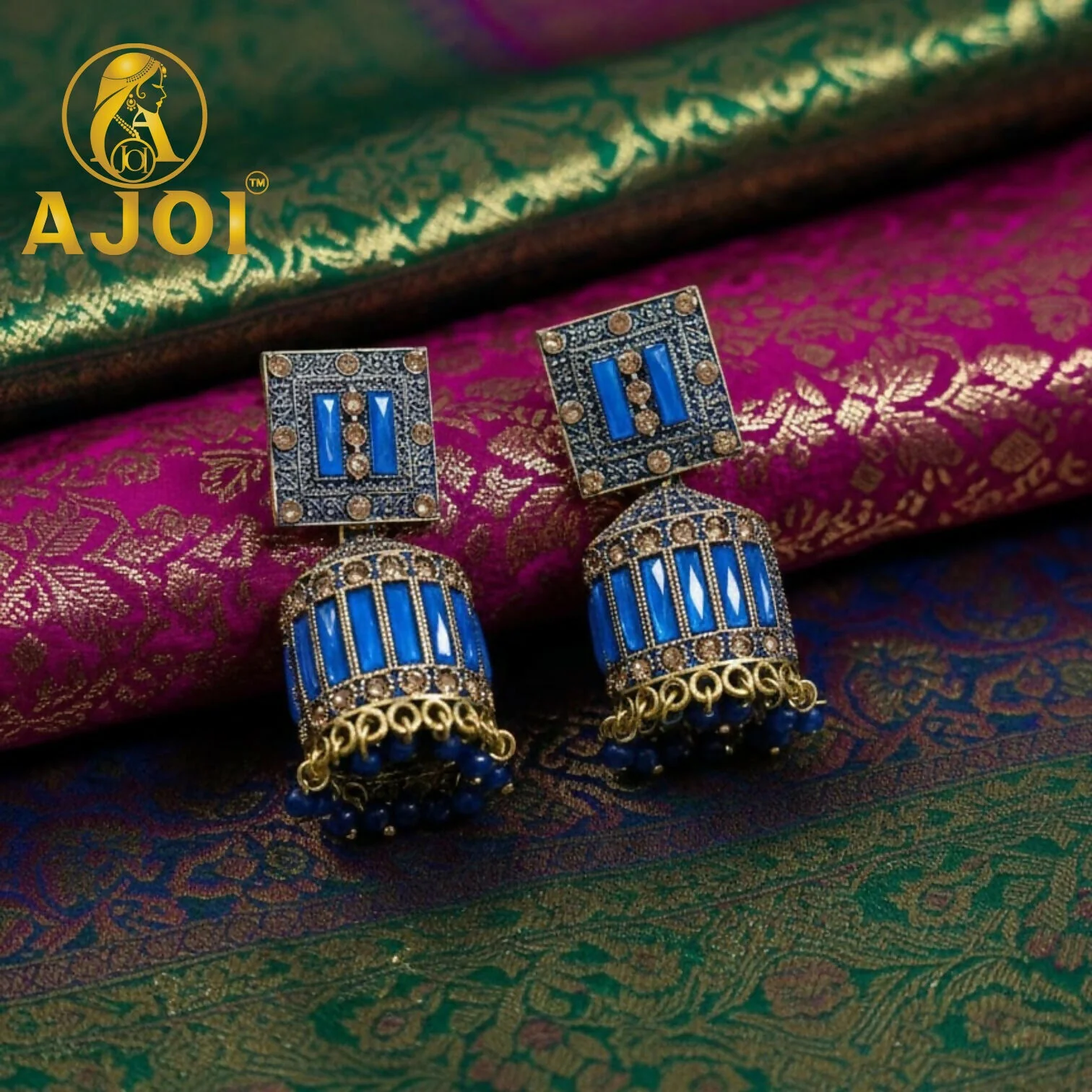 Royal Sapphire Blue Designer Earrings with Elegant Drop and Stone Detailing - Image 3