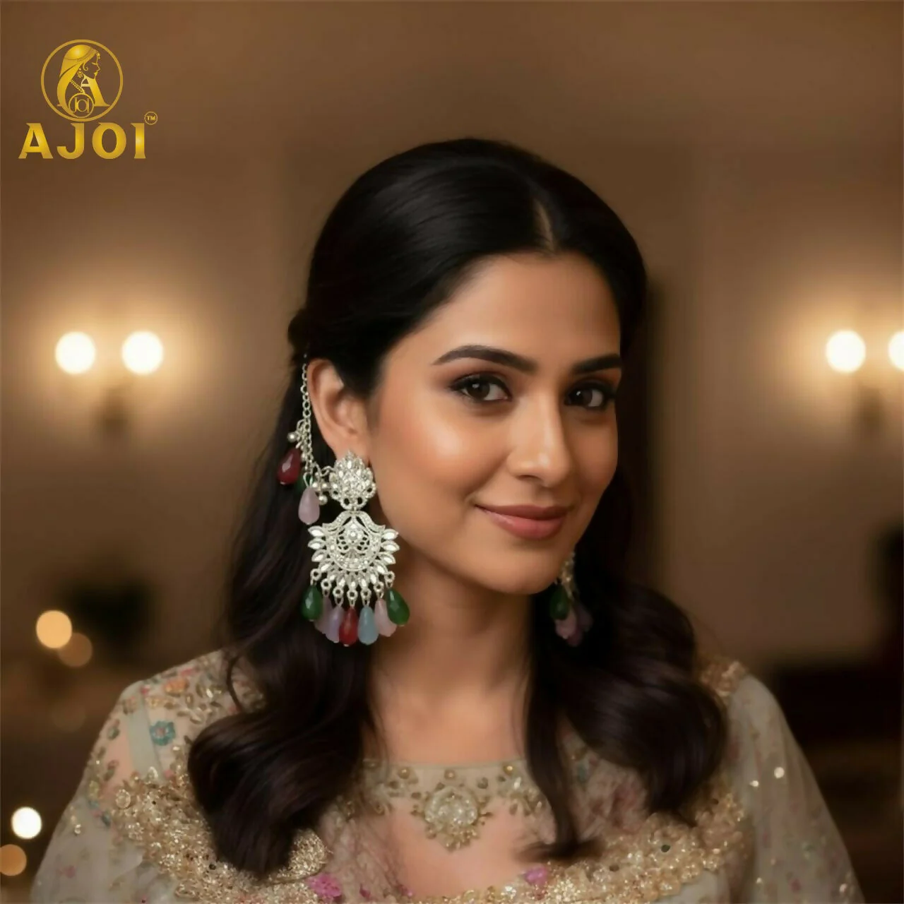 Royal Silver-Plated Kansar Earrings with Vibrant Beads, Detailed Floral Patterns. - Image 2