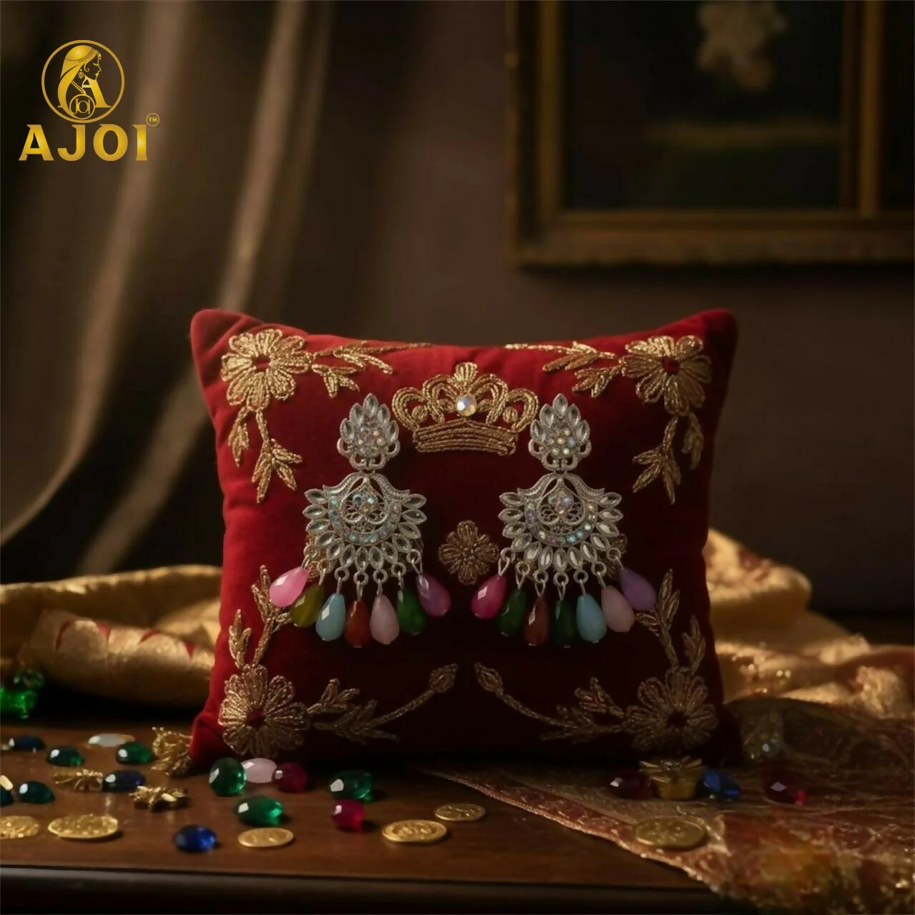 Royal Silver-Plated Kansar Earrings with Vibrant Beads, Detailed Floral Patterns. - Image 3