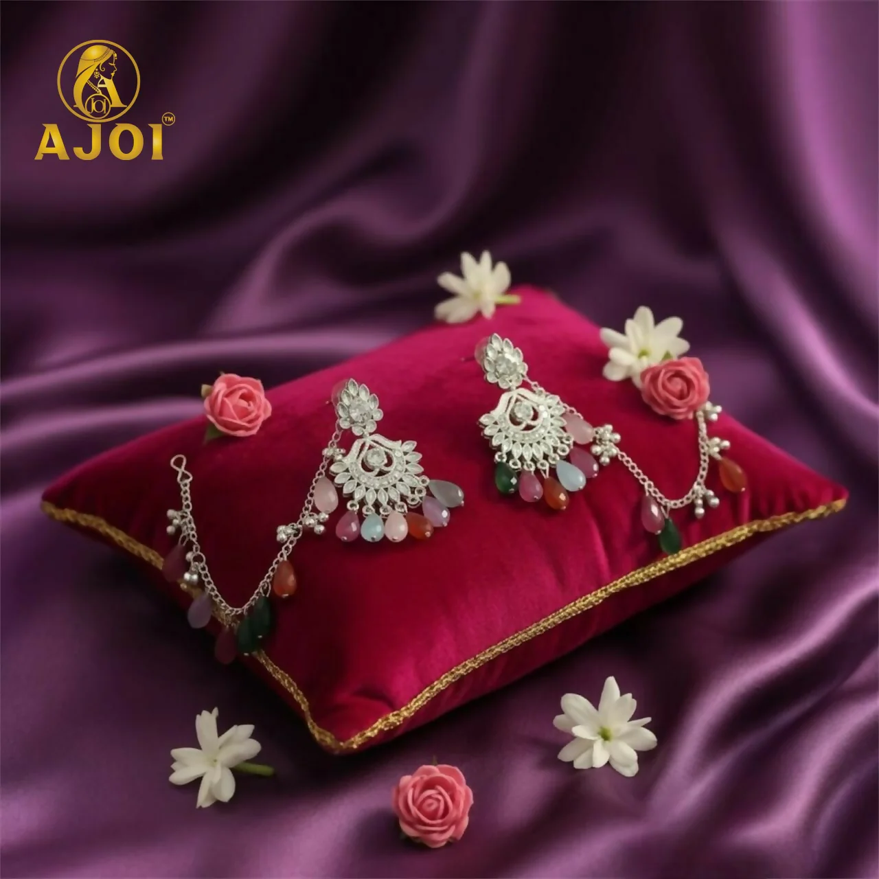 Royal Silver-Plated Kansar Earrings with Vibrant Beads, Detailed Floral Patterns. - Image 4