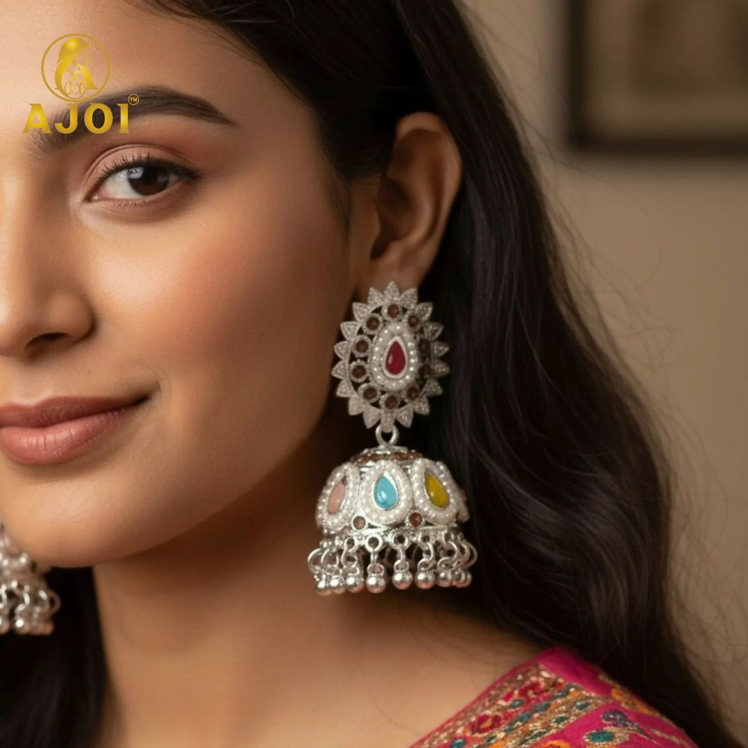 Royal Silver-Tone Kundan Jhumka Earrings with Multicolor Stone Inlay & Pearl Drop Detailing - Image 2