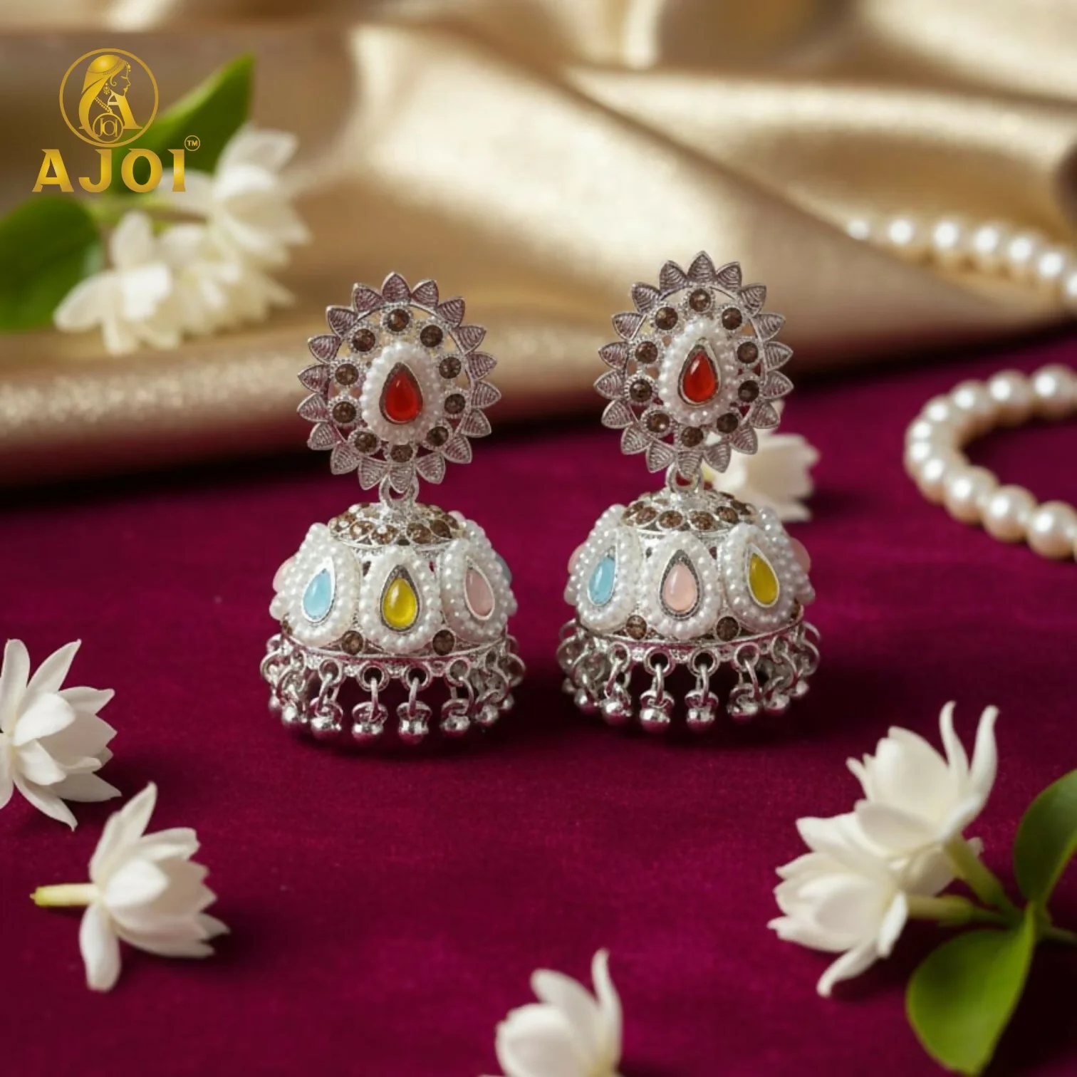 Royal Silver-Tone Kundan Jhumka Earrings with Multicolor Stone Inlay & Pearl Drop Detailing - Image 3