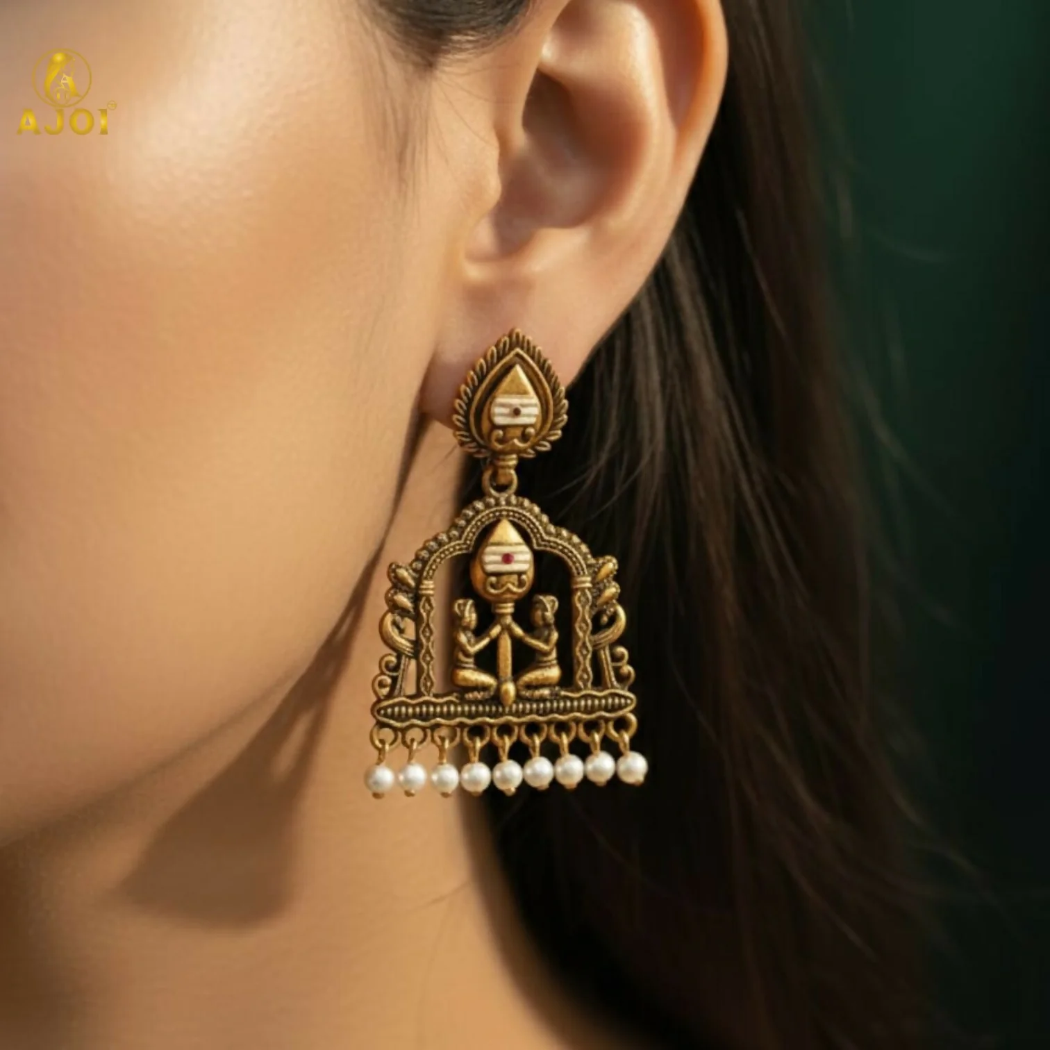 Royal Temple Muse Gold-Tone Jhumka Earrings with Pearl Danglers - Image 2