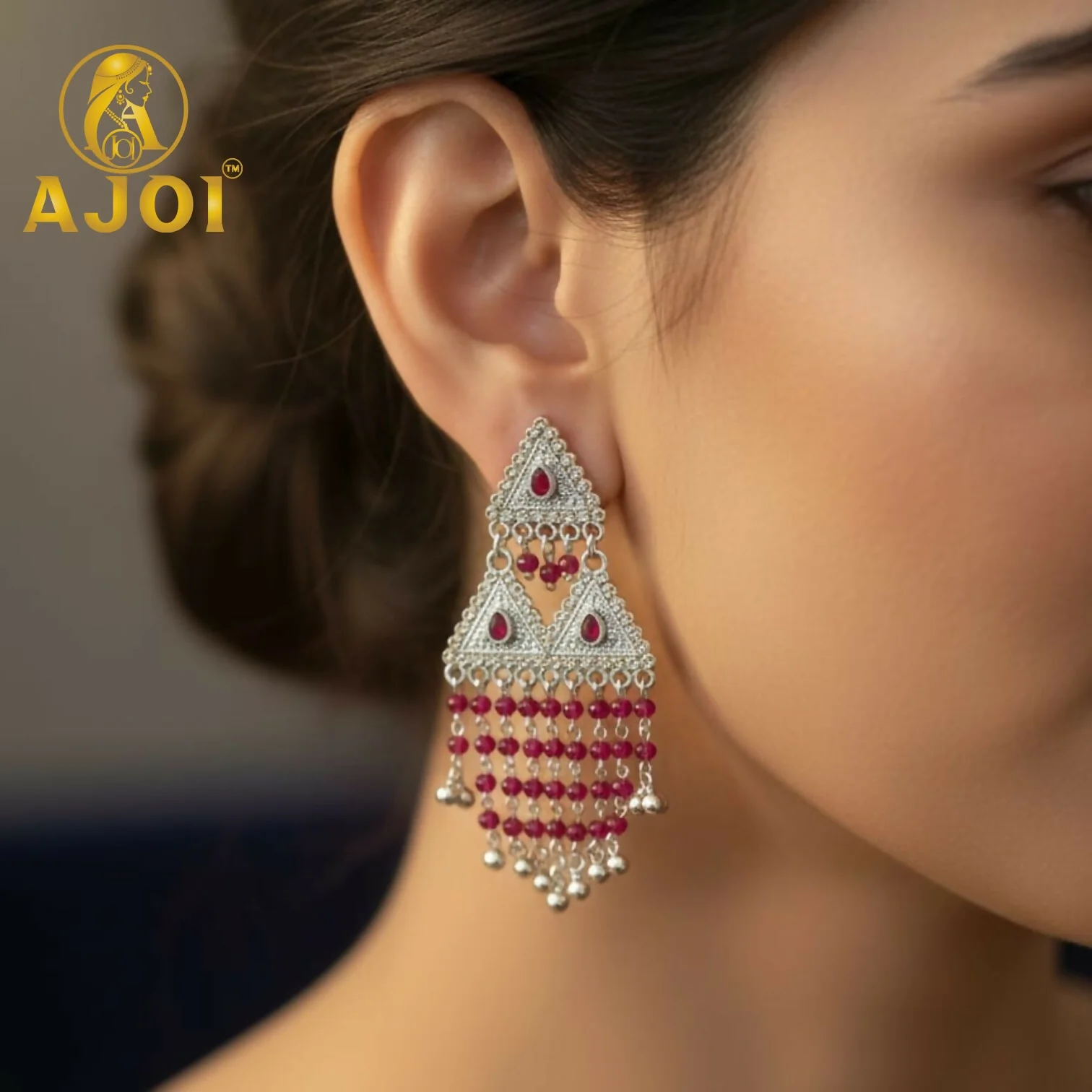Royal Triangle Ruby Drop Silver Designer Earrings with Statement Bead Tassels - Image 2