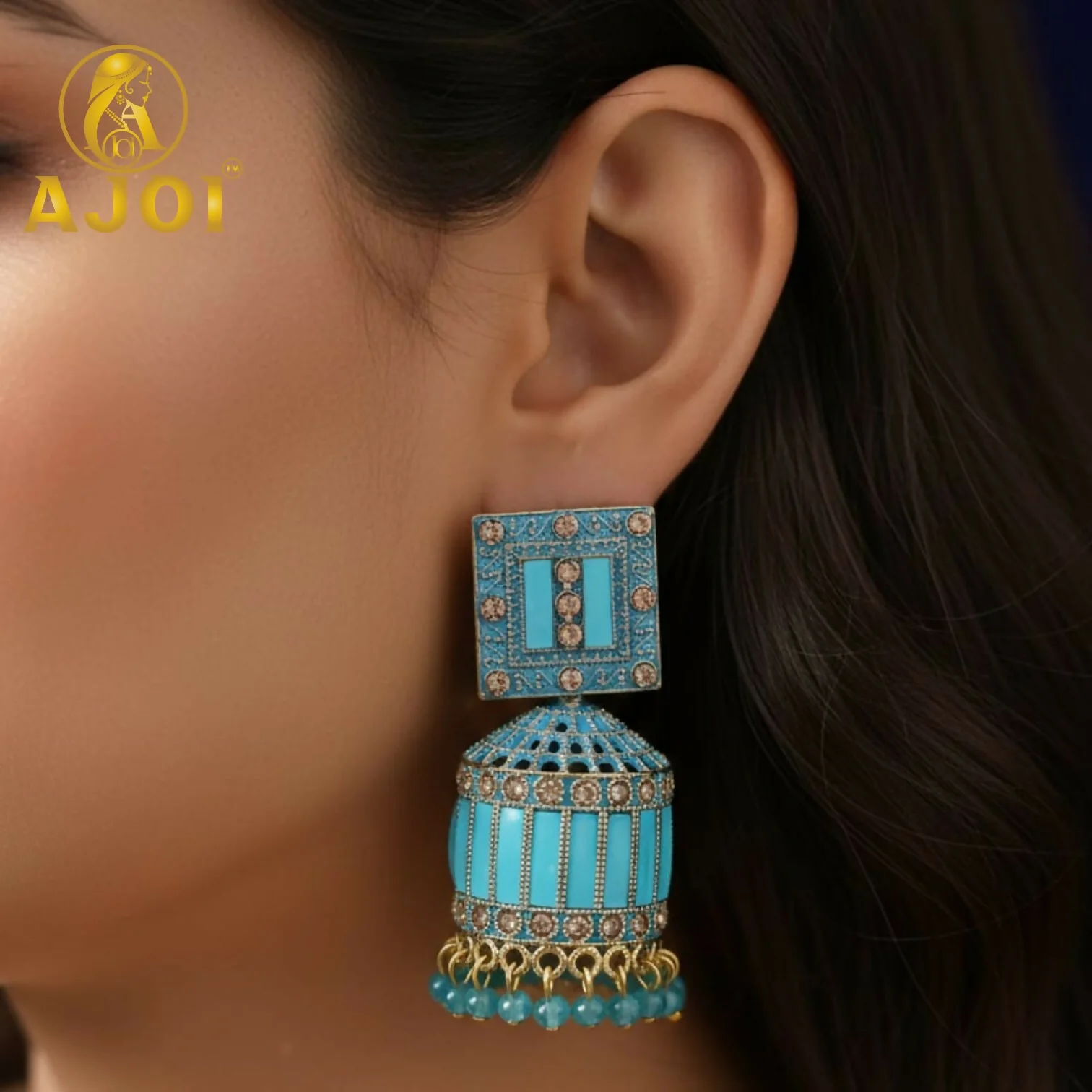Royal Turquoise Blue Designer Earrings with Elegant Drop and Stone Accents - Image 2