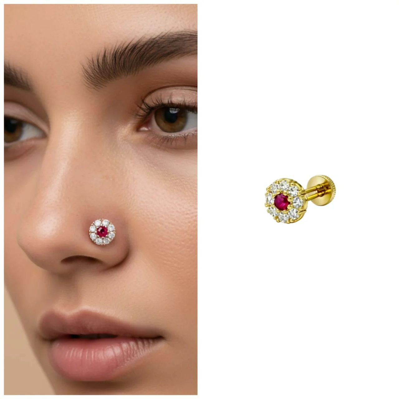 Ruby & AD Floral Gold plated Flat Back Nose Pin stud for women and girls - Image 3