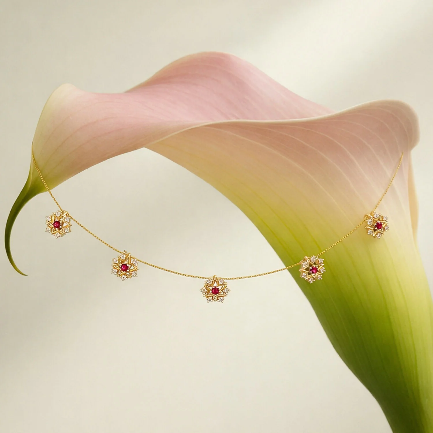 Ruby Blossom Floral Necklace Elegant Golden Petal Design Stylish Chain Jewelry - Image 2