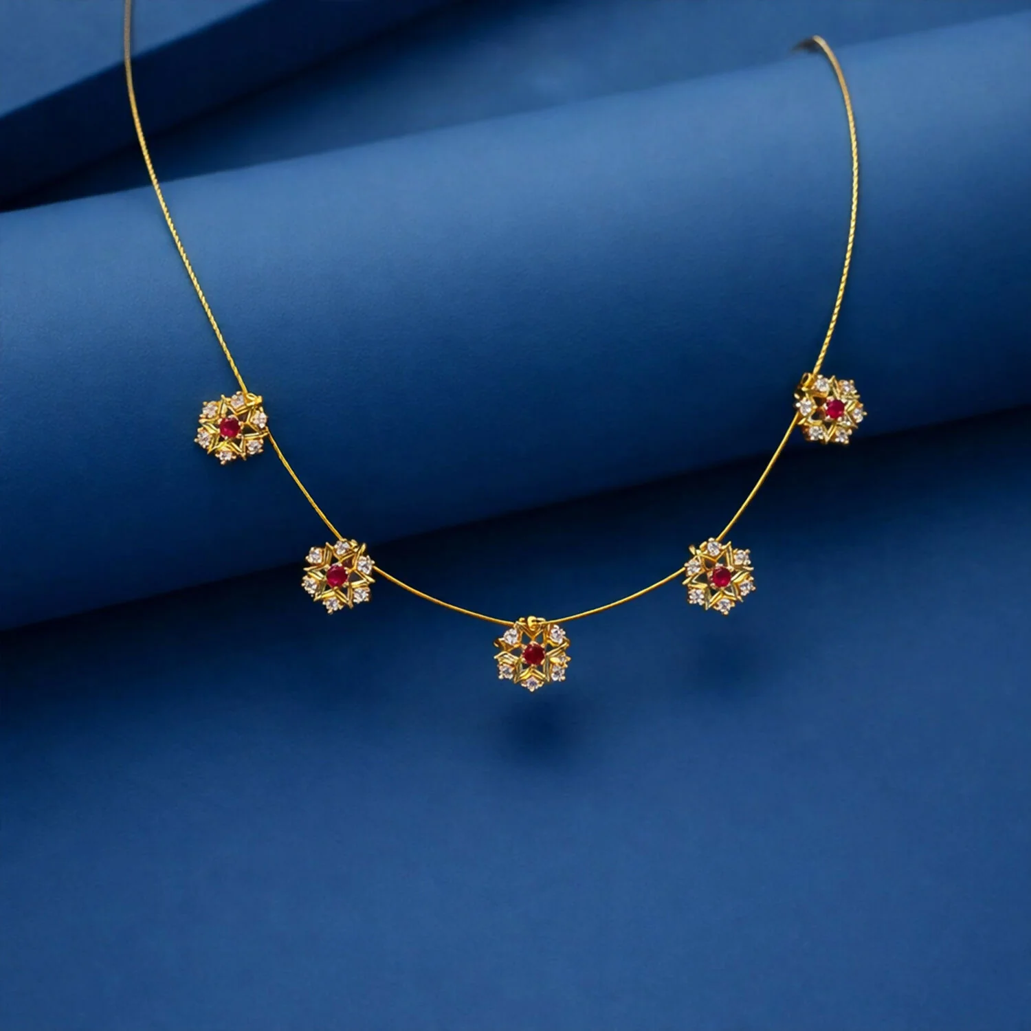 Ruby Blossom Floral Necklace Elegant Golden Petal Design Stylish Chain Jewelry - Image 3